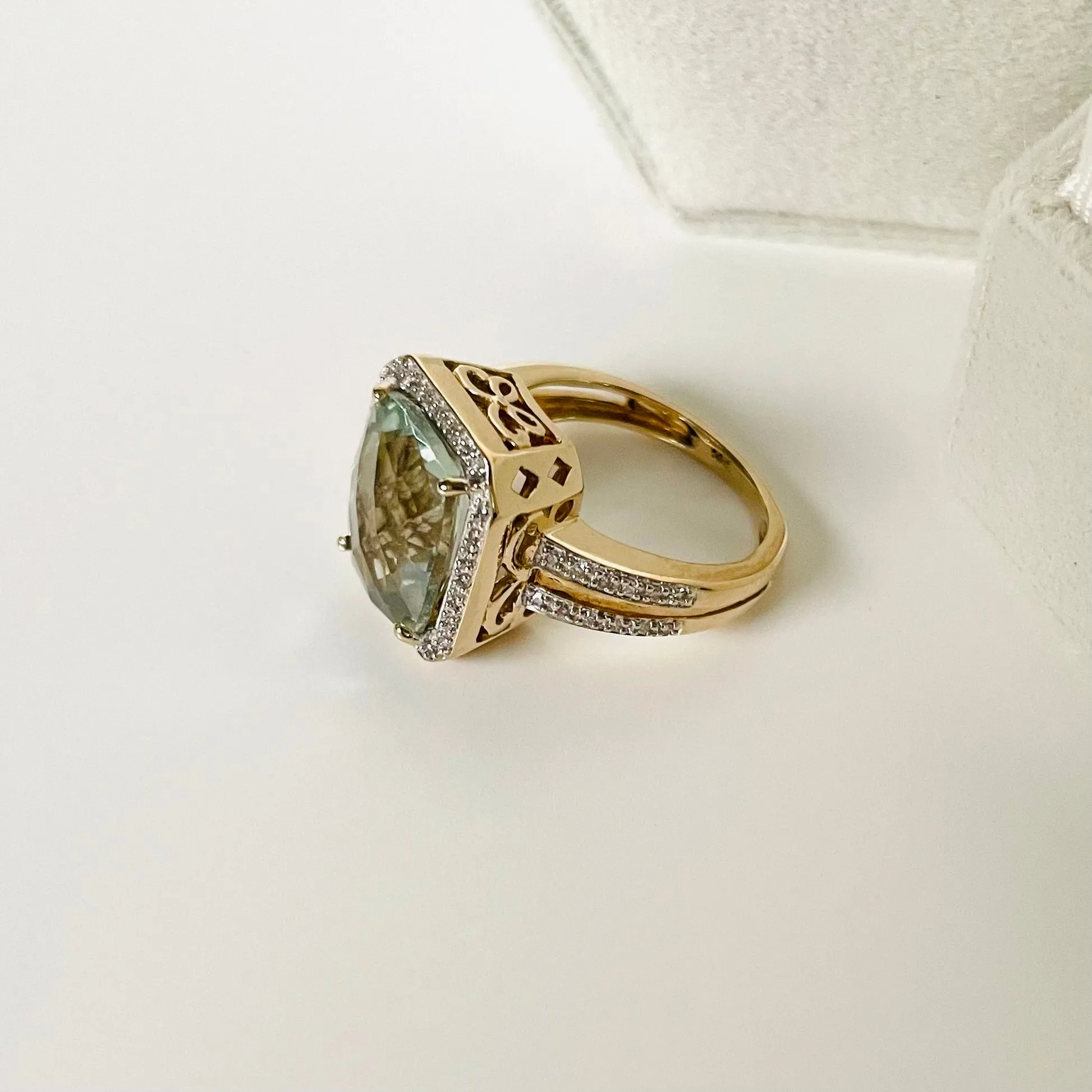 14k Green Amethyst & Diamond Ring