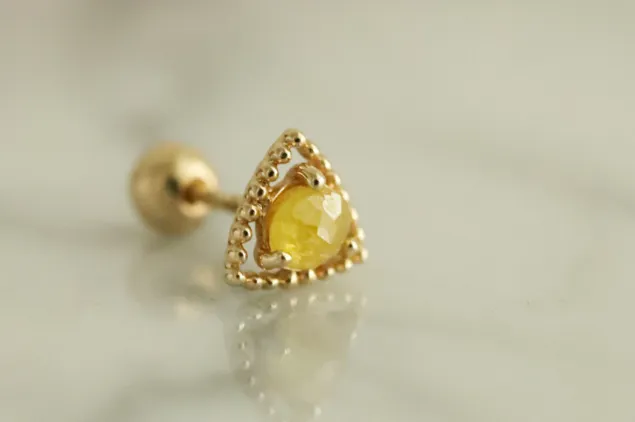 14K Solid Gold Rough Yellow Diamond Square Tragus Cartilage Helix Conch Earring Barbell Piercing