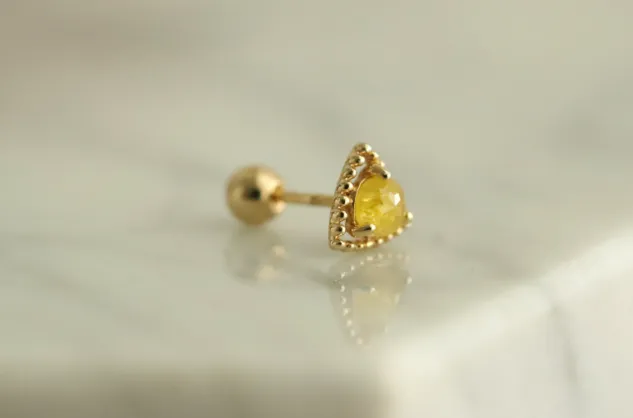 14K Solid Gold Rough Yellow Diamond Square Tragus Cartilage Helix Conch Earring Barbell Piercing