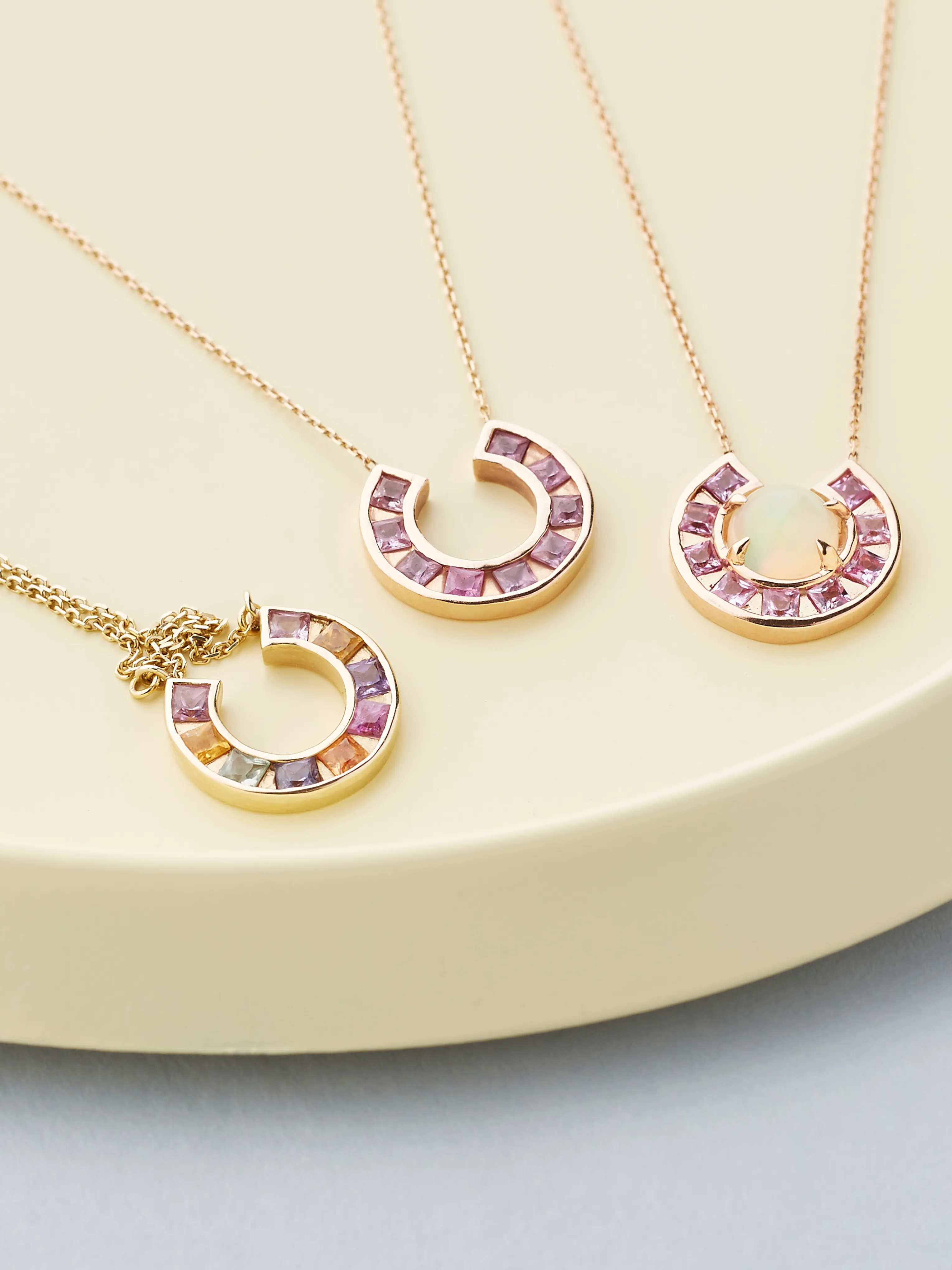 14K Yellow Gold Sundial Necklace with Multicolored Sapphires