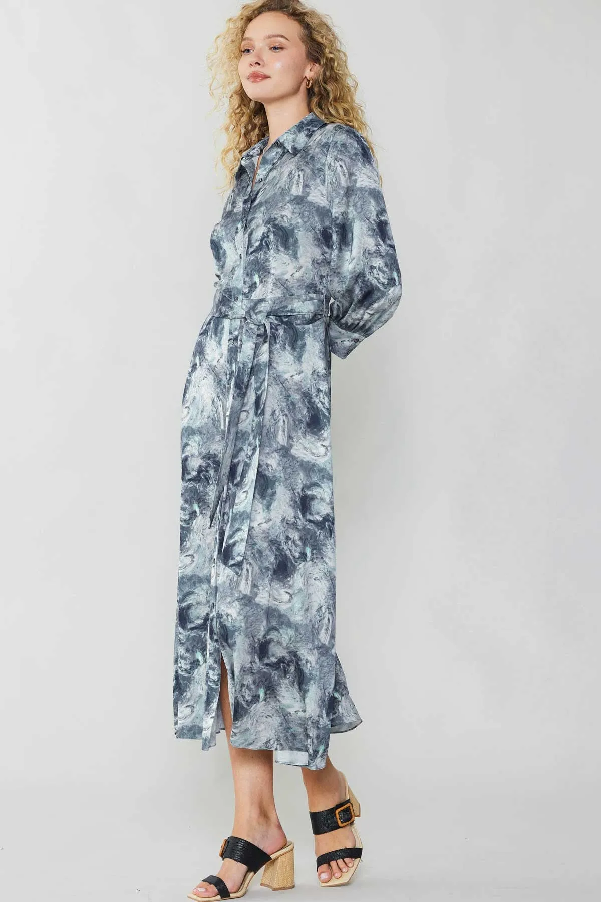 Abstract Printed Button Down Shirt Midi Dress in grey multi by Current Air