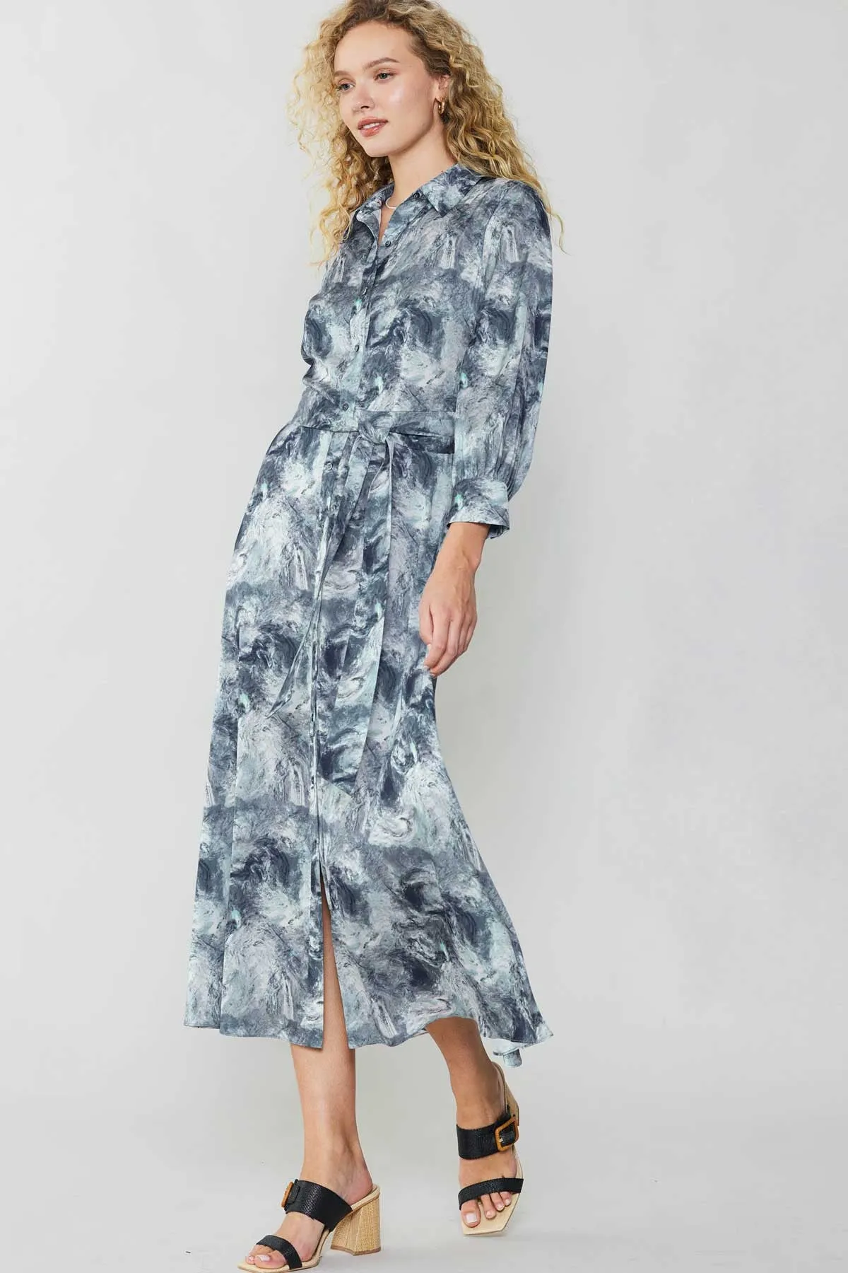 Abstract Printed Button Down Shirt Midi Dress in grey multi by Current Air