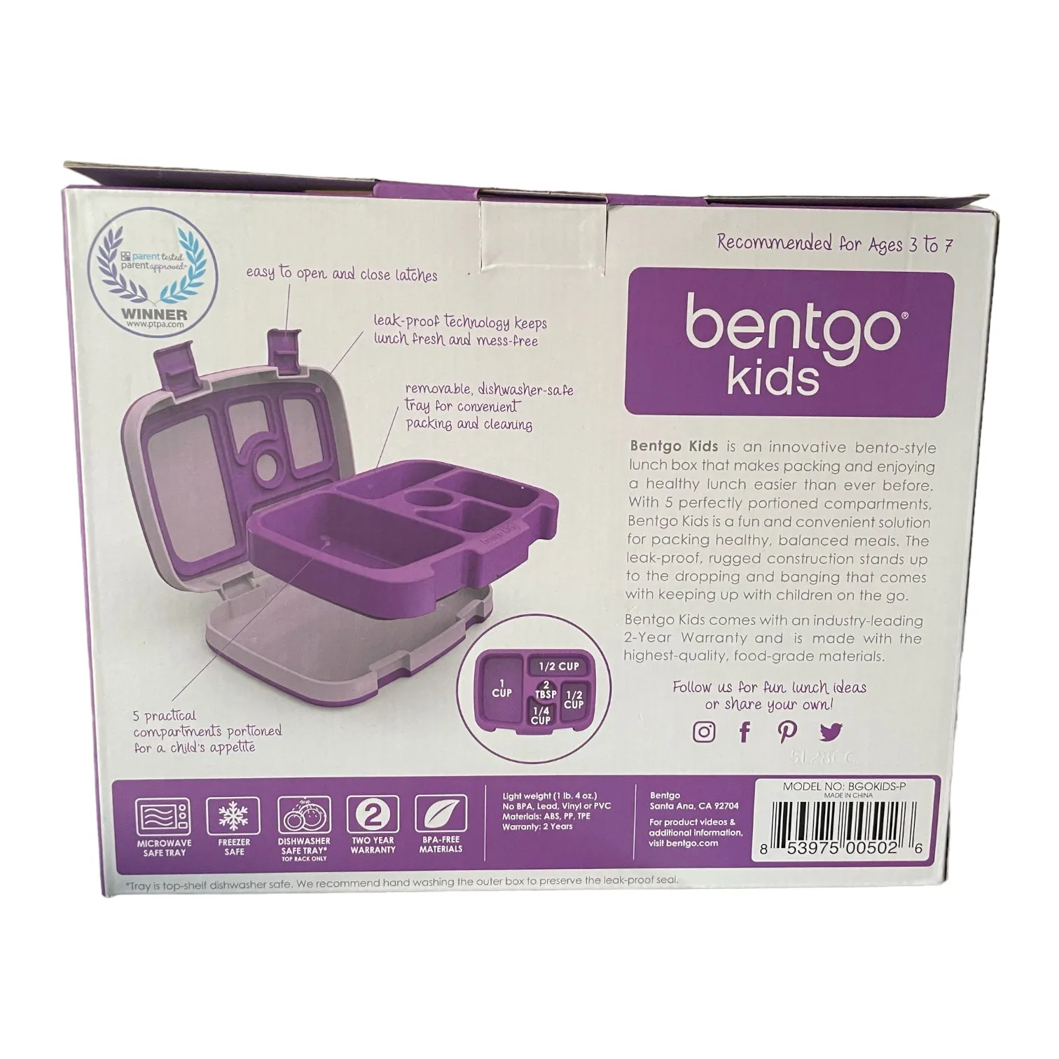 Bentgo Kids' Durable & Leakproof Lunch Box, Purple