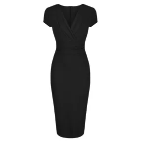 Black Deep V Cap Sleeve Bodycon Ruched Waist Wiggle Dress