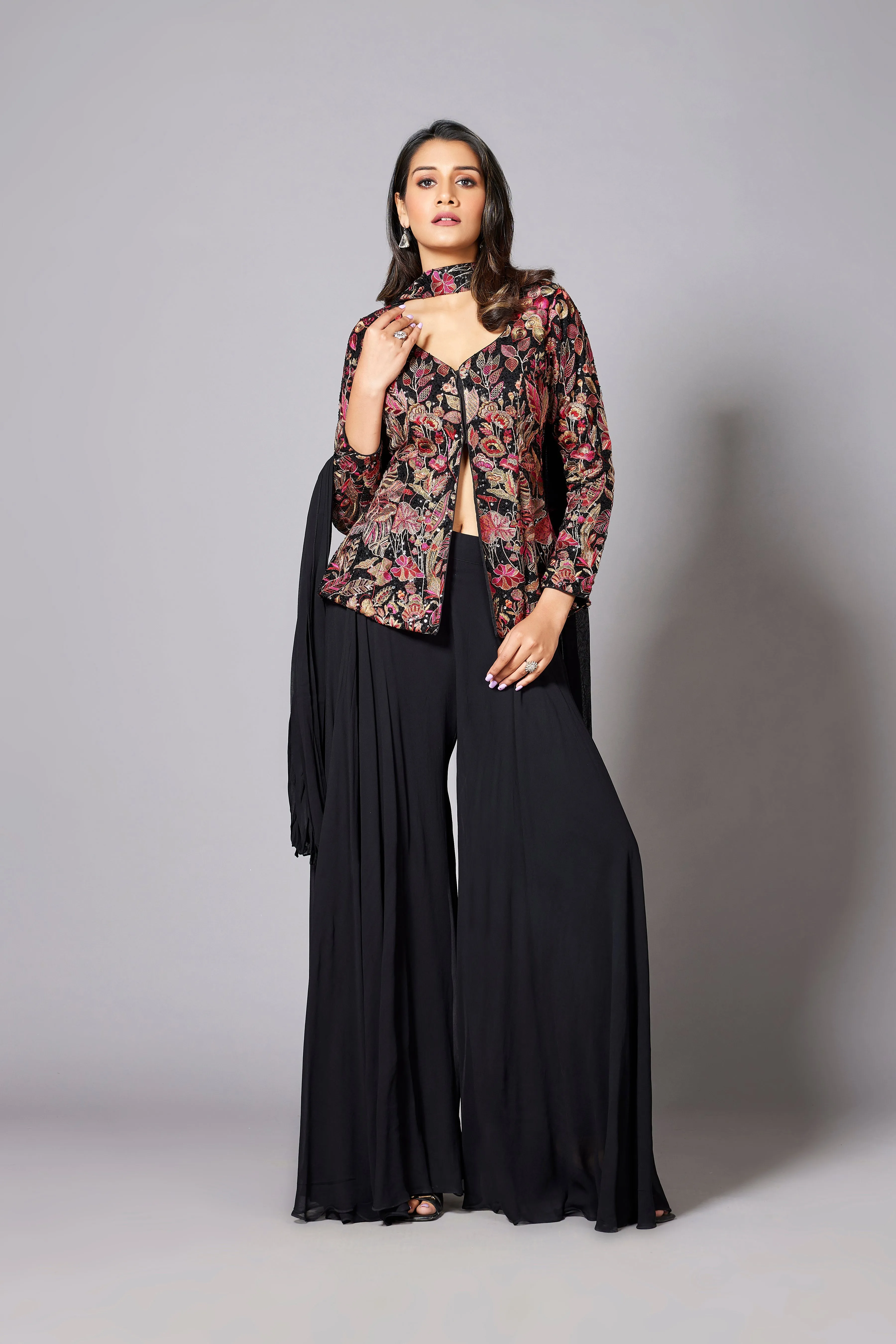 Black Embroidered Premium Georgette Silk Jacket-Palazzo Set