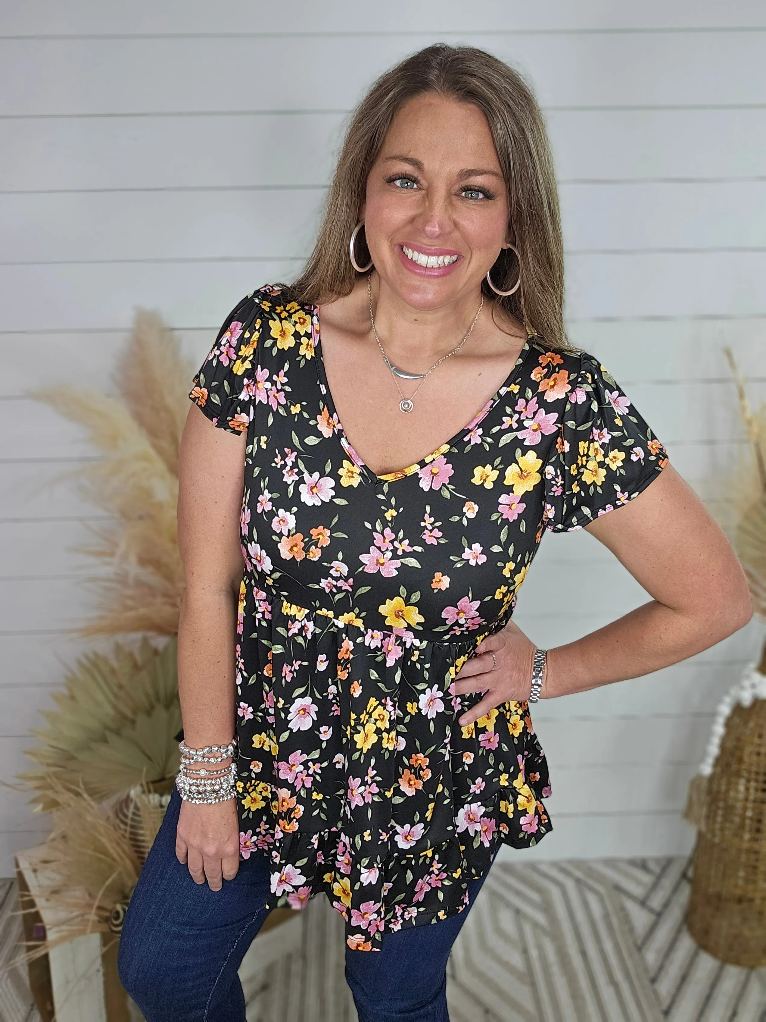 BLACK FLORAL BABYDOLL TOP