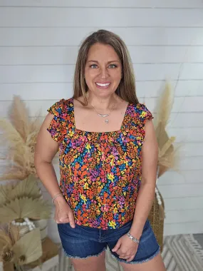 BOLD MULTI COLOR FLORAL WOVEN TOP W/ TIE BACK