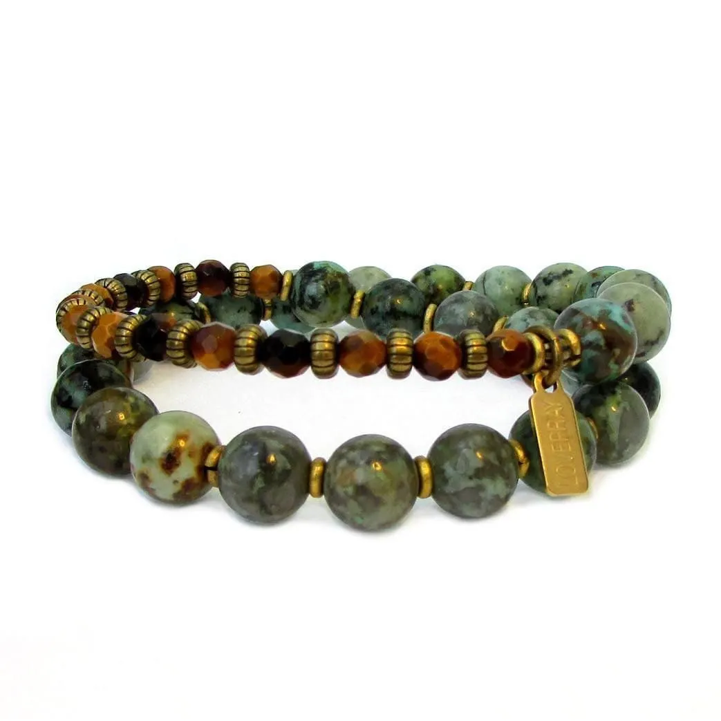 Change and Prosperity, African Turquoise and Tiger's Eye 27 Bead Wrap Mala Bracelet