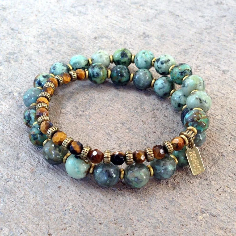 Change and Prosperity, African Turquoise and Tiger's Eye 27 Bead Wrap Mala Bracelet