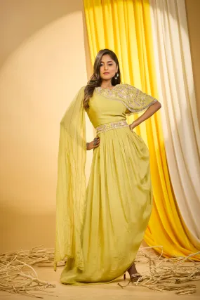 Corn Yellow Embellished Chinon Silk Draped Gown