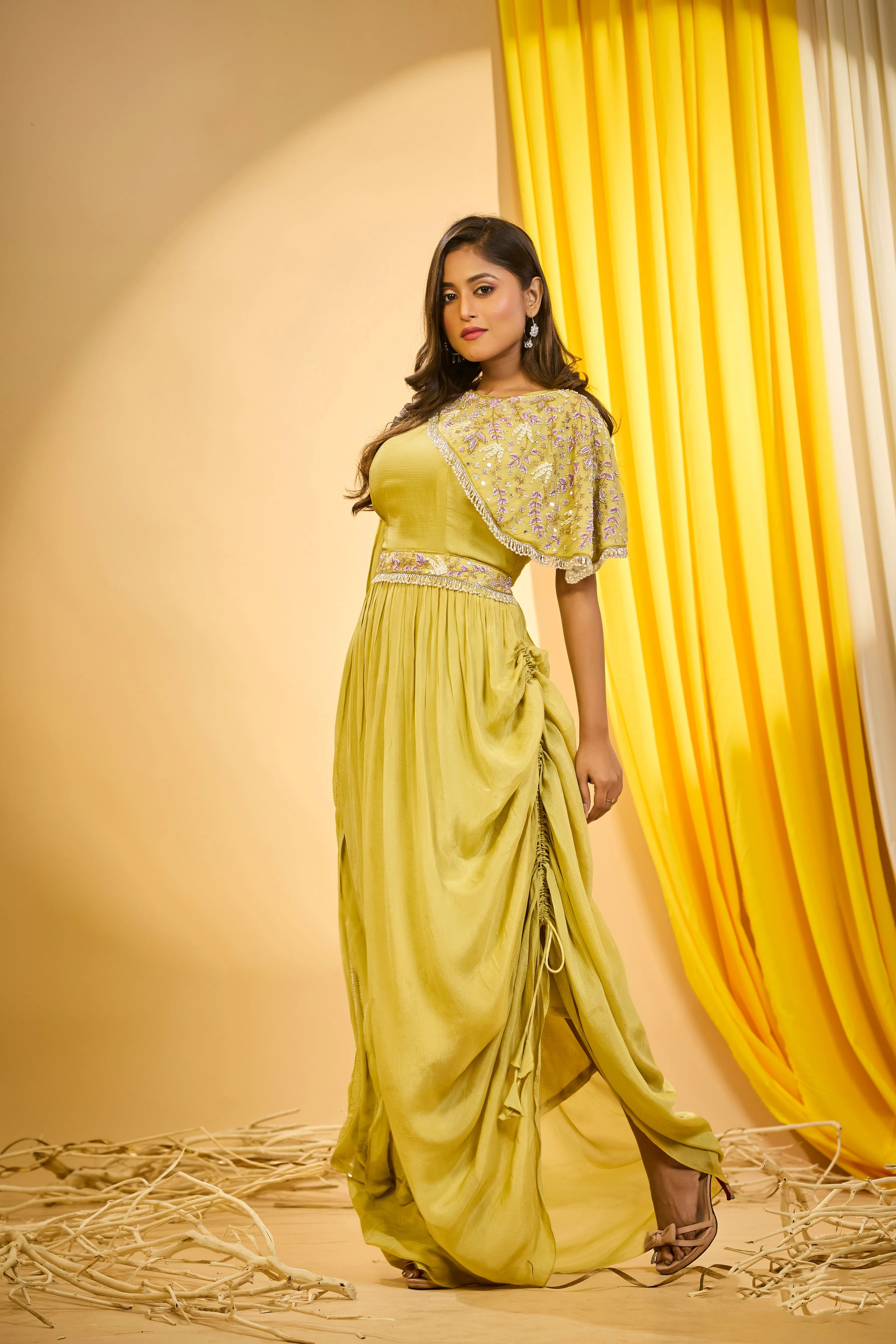 Corn Yellow Embellished Chinon Silk Draped Gown