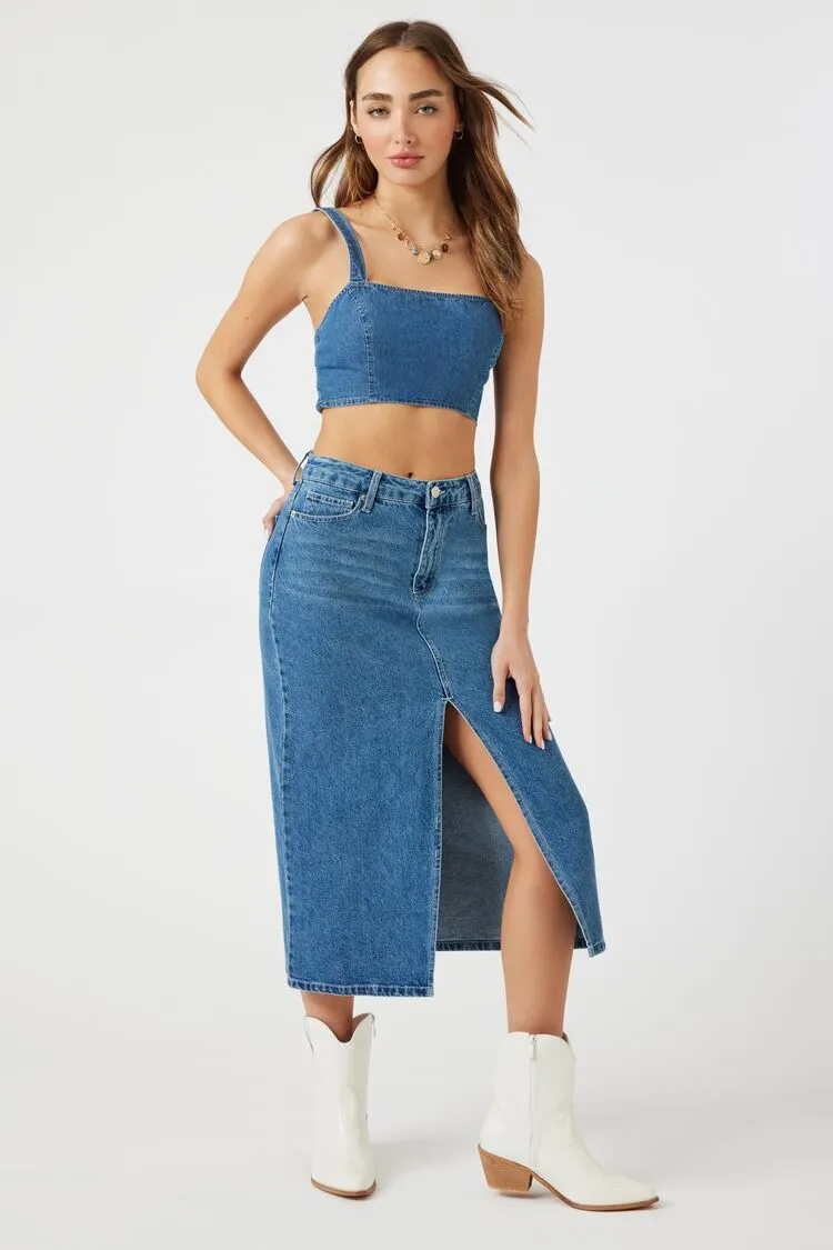 Denim Smocked Crop Top