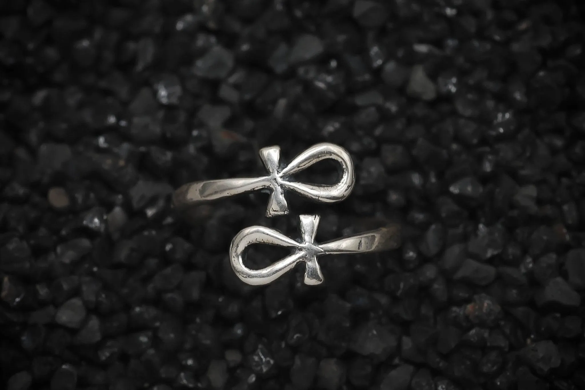 Double Ankh Ring Wrap Band Ancient Egyptian | 925 Sterling Silver, Oxidized or 18K Gold Plated | Adjustable Size