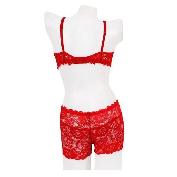 Floral Net Bra & Shorts Set For Women