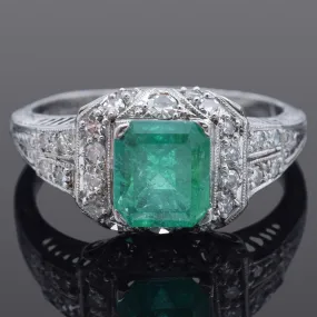 GIA Antique Art Deco 1.51 Ct Emerald & 0.52 TCW Diamond Platinum Ring Size 6.5