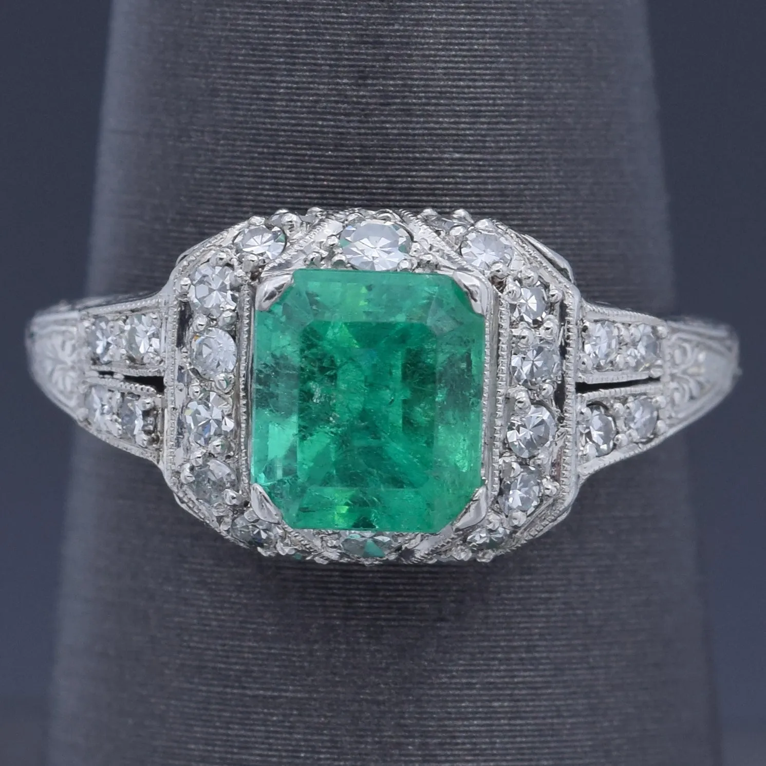 GIA Antique Art Deco 1.51 Ct Emerald & 0.52 TCW Diamond Platinum Ring Size 6.5