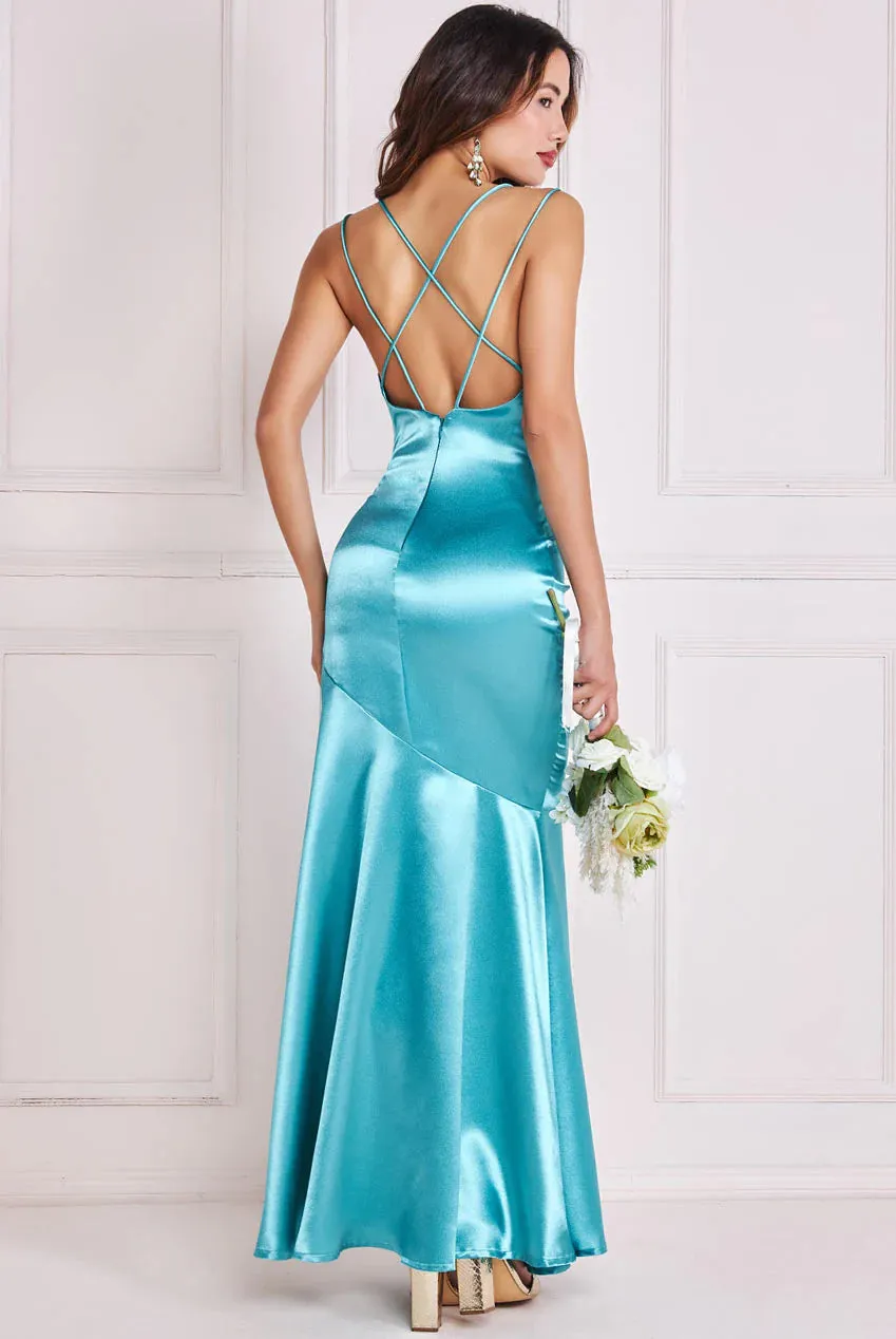 Goddiva Satin Cowl Neck With Strappy Back Maxi