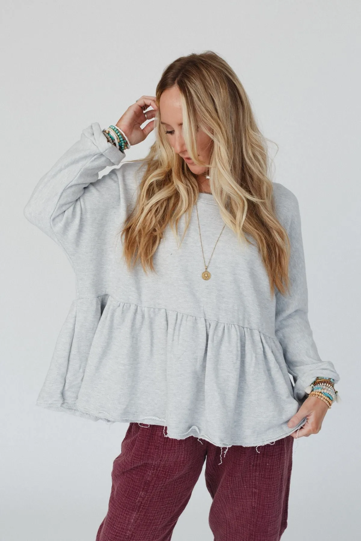 Hidden Springs Baby Doll Top - Heather Gray