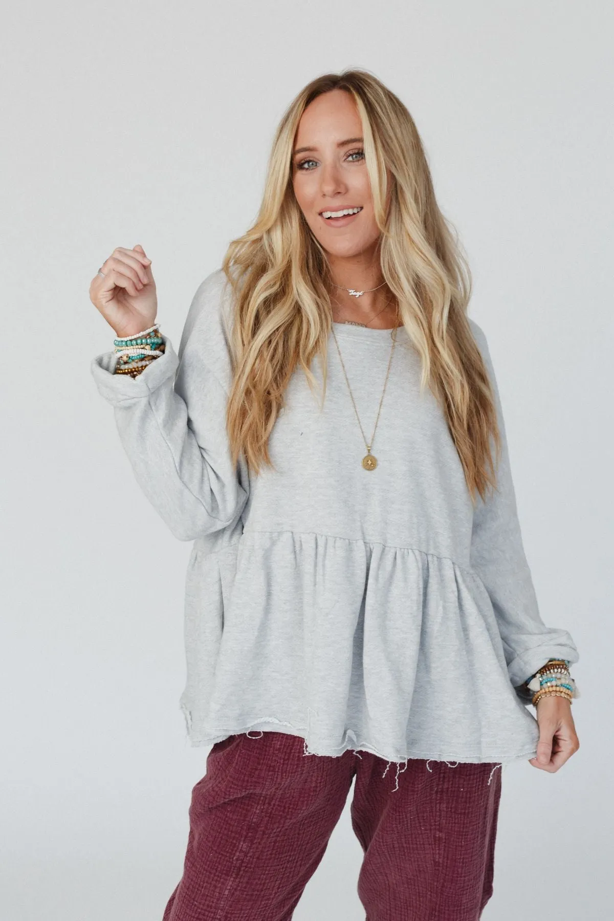 Hidden Springs Baby Doll Top - Heather Gray