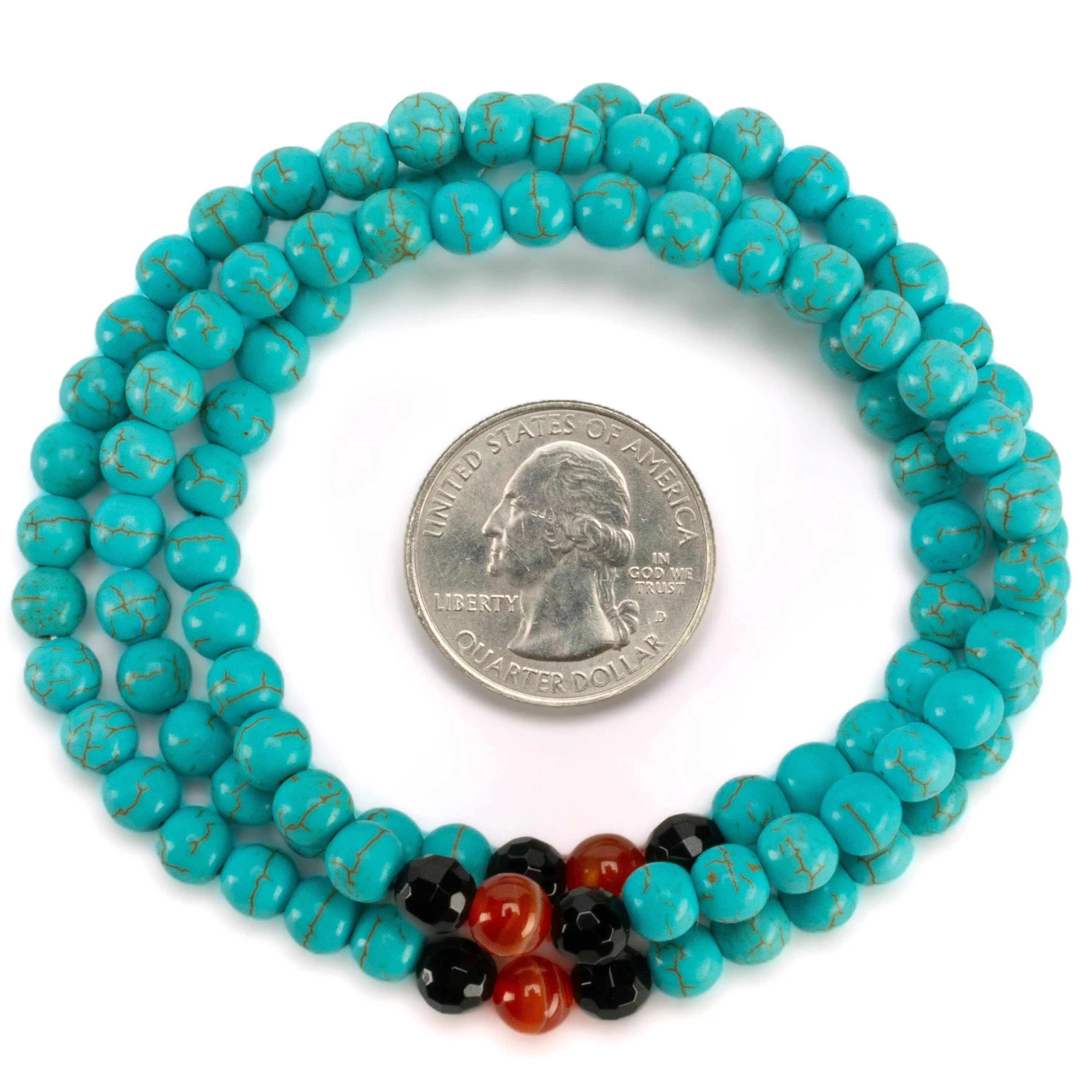 Howlite Turquoise 6mm Beads with Black Agate & Carnelian Accent Beads Triple Wrap Gemstone Elastic Bracelet