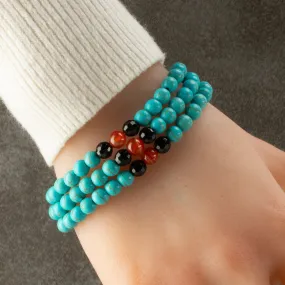 Howlite Turquoise 6mm Beads with Black Agate & Carnelian Accent Beads Triple Wrap Gemstone Elastic Bracelet