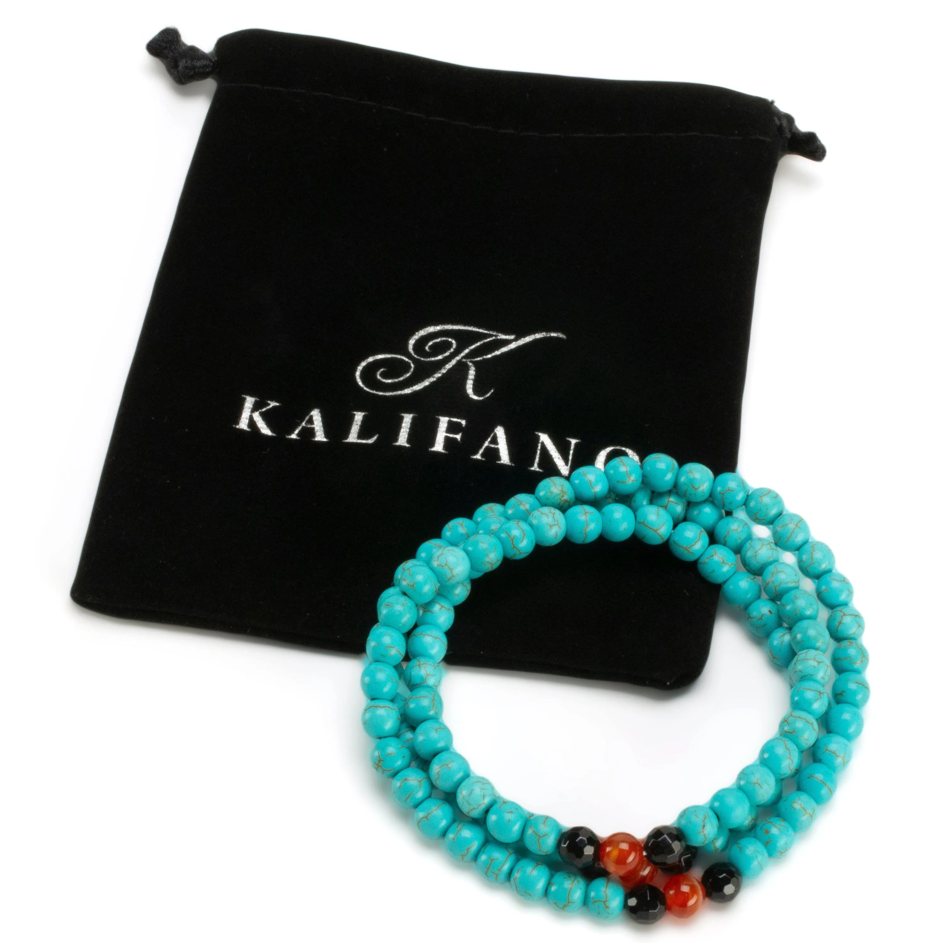 Howlite Turquoise 6mm Beads with Black Agate & Carnelian Accent Beads Triple Wrap Gemstone Elastic Bracelet