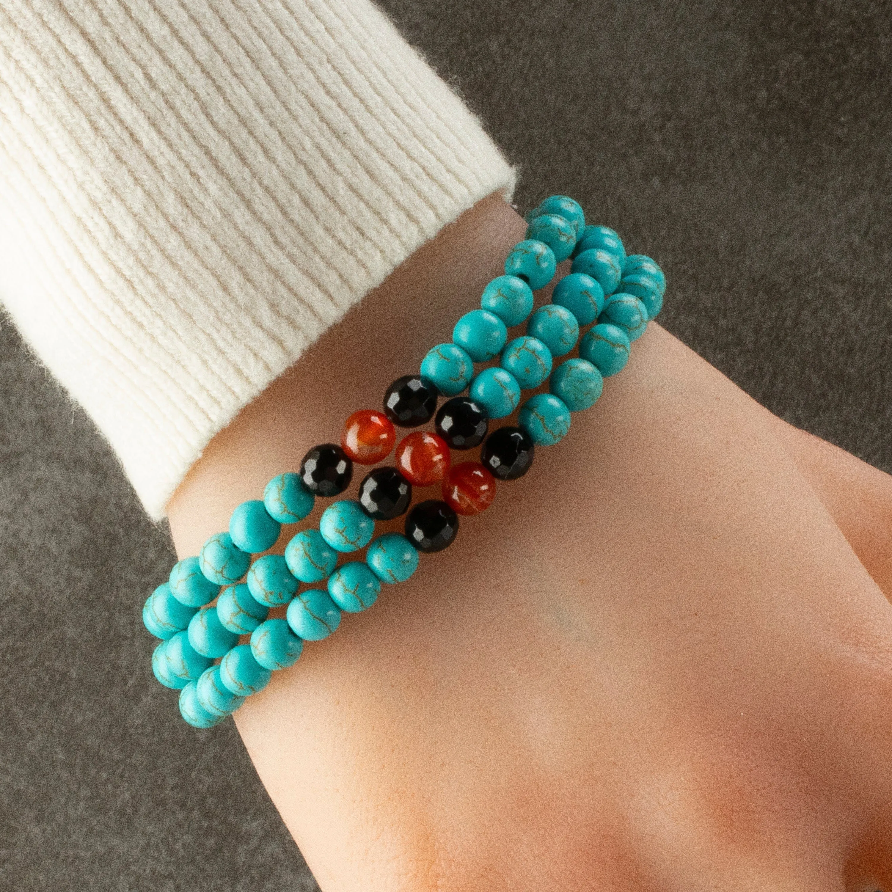 Howlite Turquoise 6mm Beads with Black Agate & Carnelian Accent Beads Triple Wrap Gemstone Elastic Bracelet