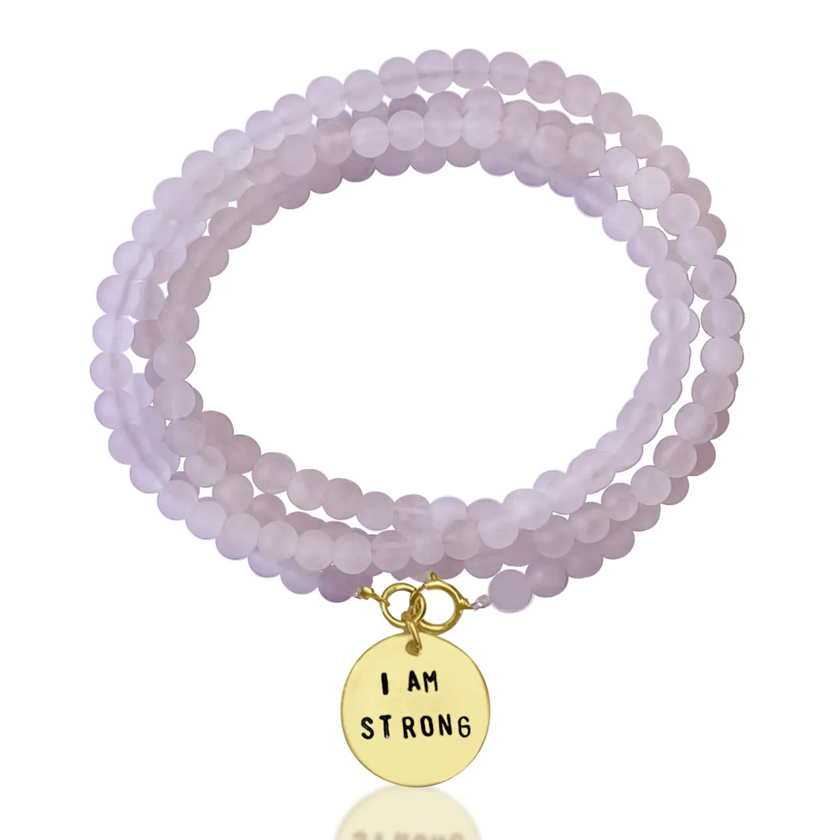 I am Strong Affirmation Wrap Bracelet with Rose Quartz to Help Achieve Success - gold