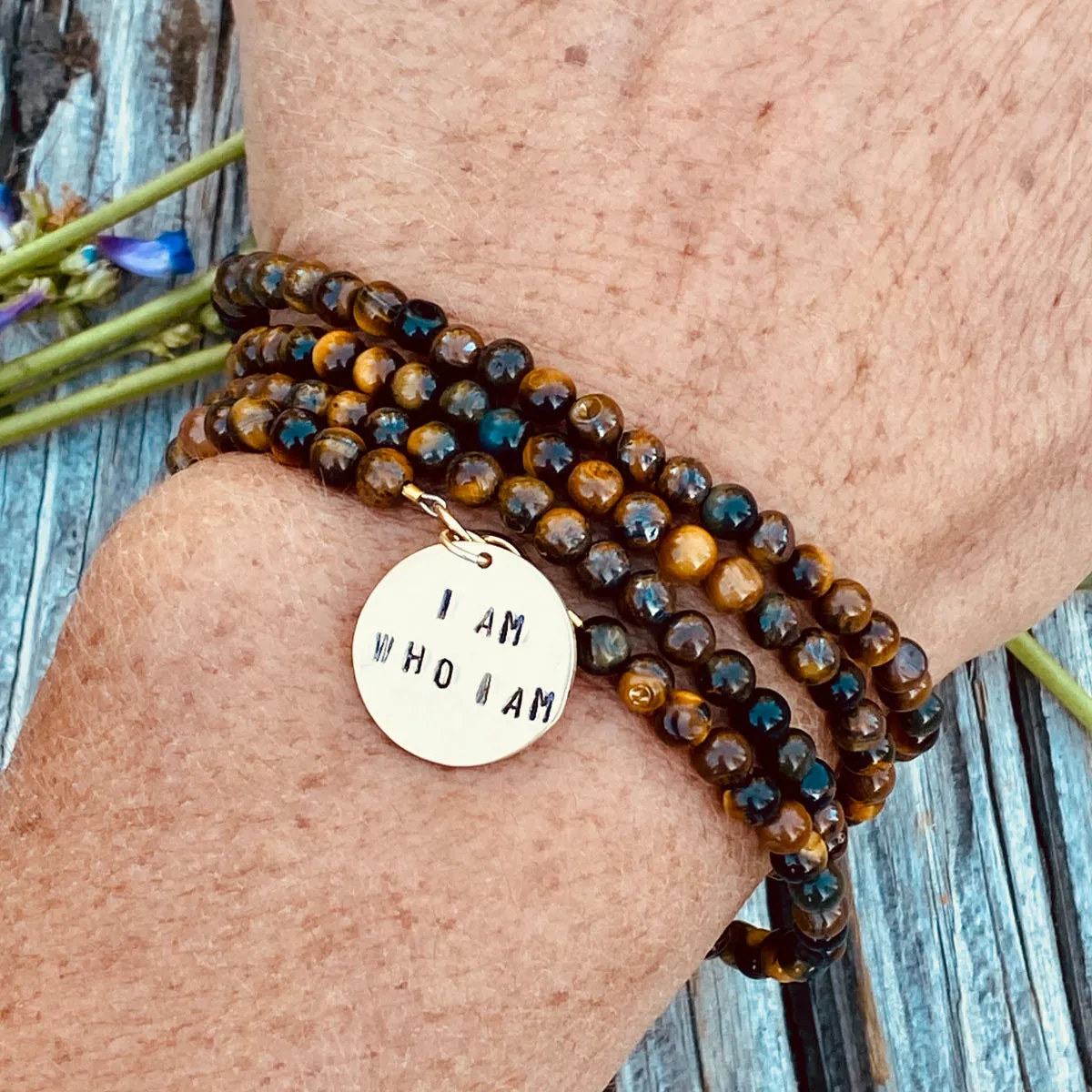 I am who I am - Affirmation Wrap Bracelet with Tiger Eye