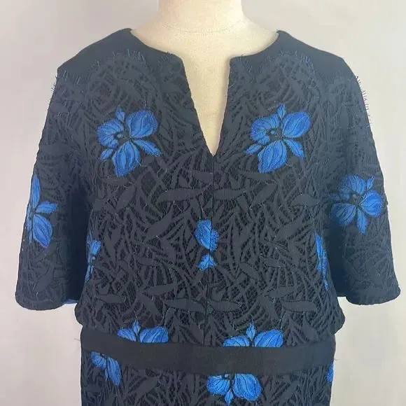 Lela Rose Black Blue Floral Lace Caplet Top Dress