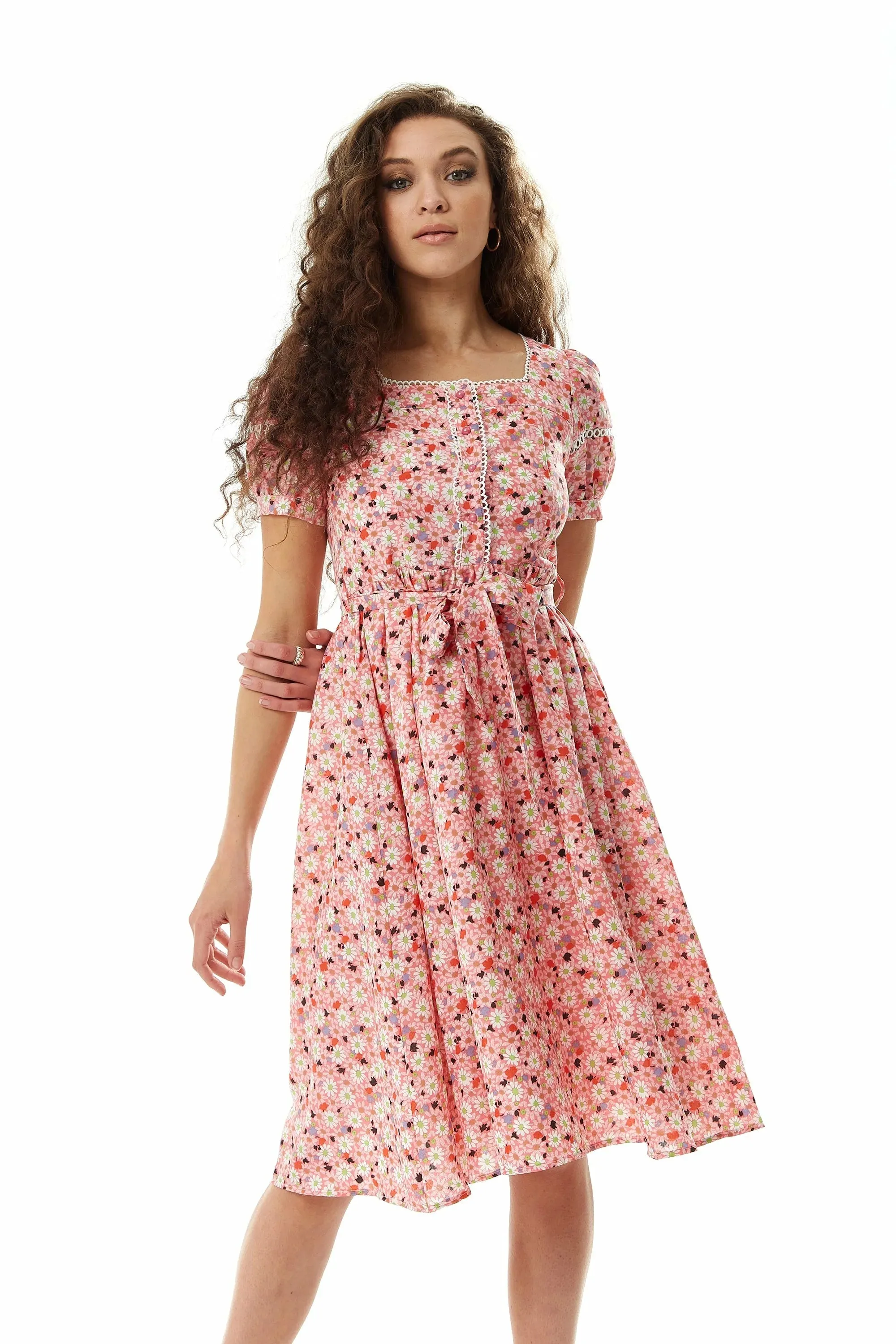 Liquorish Floral Midi Dress With Trim Lace Details