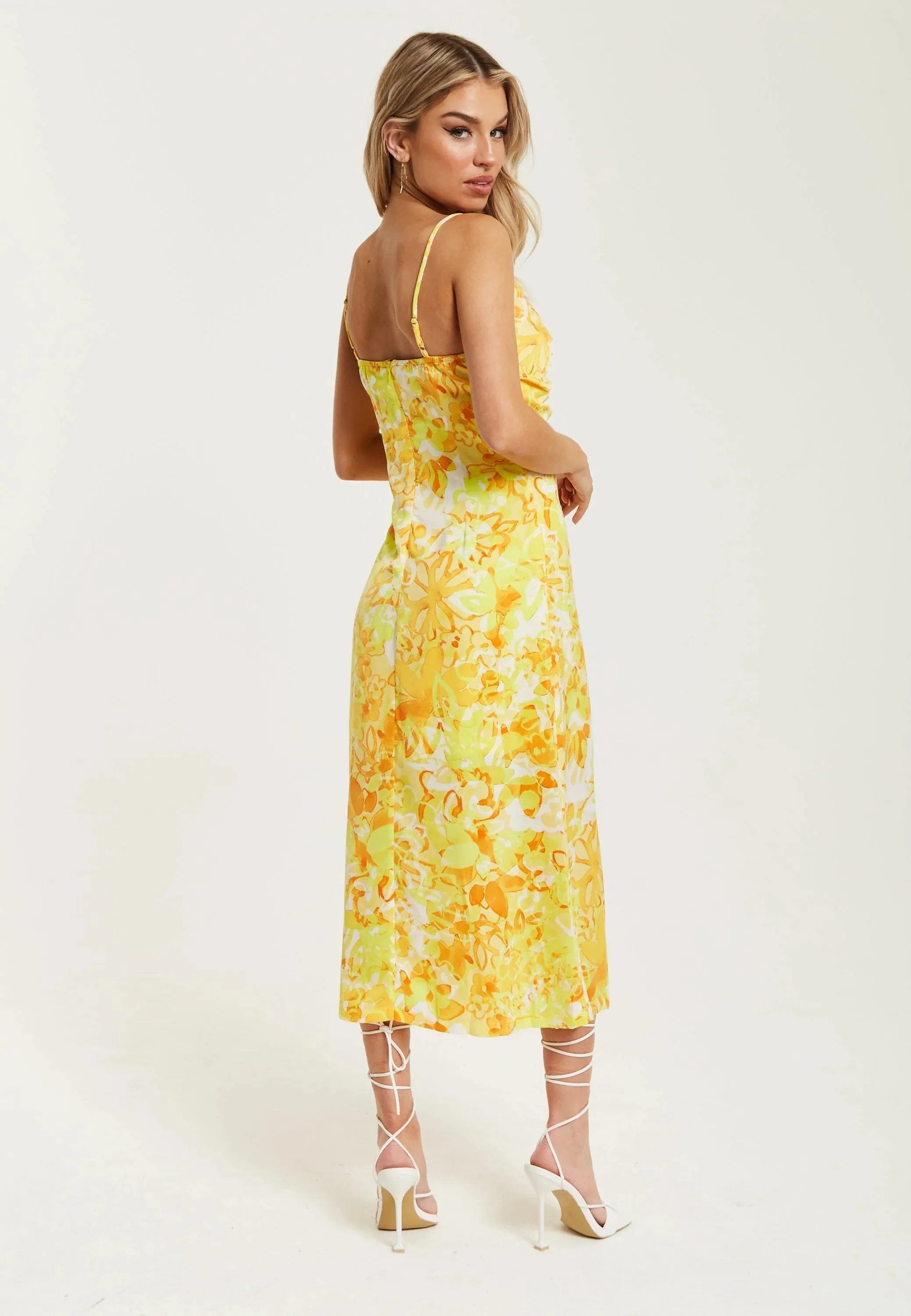 Liquorish Yellow And Orange Floral Print Ruched Maxi Dress