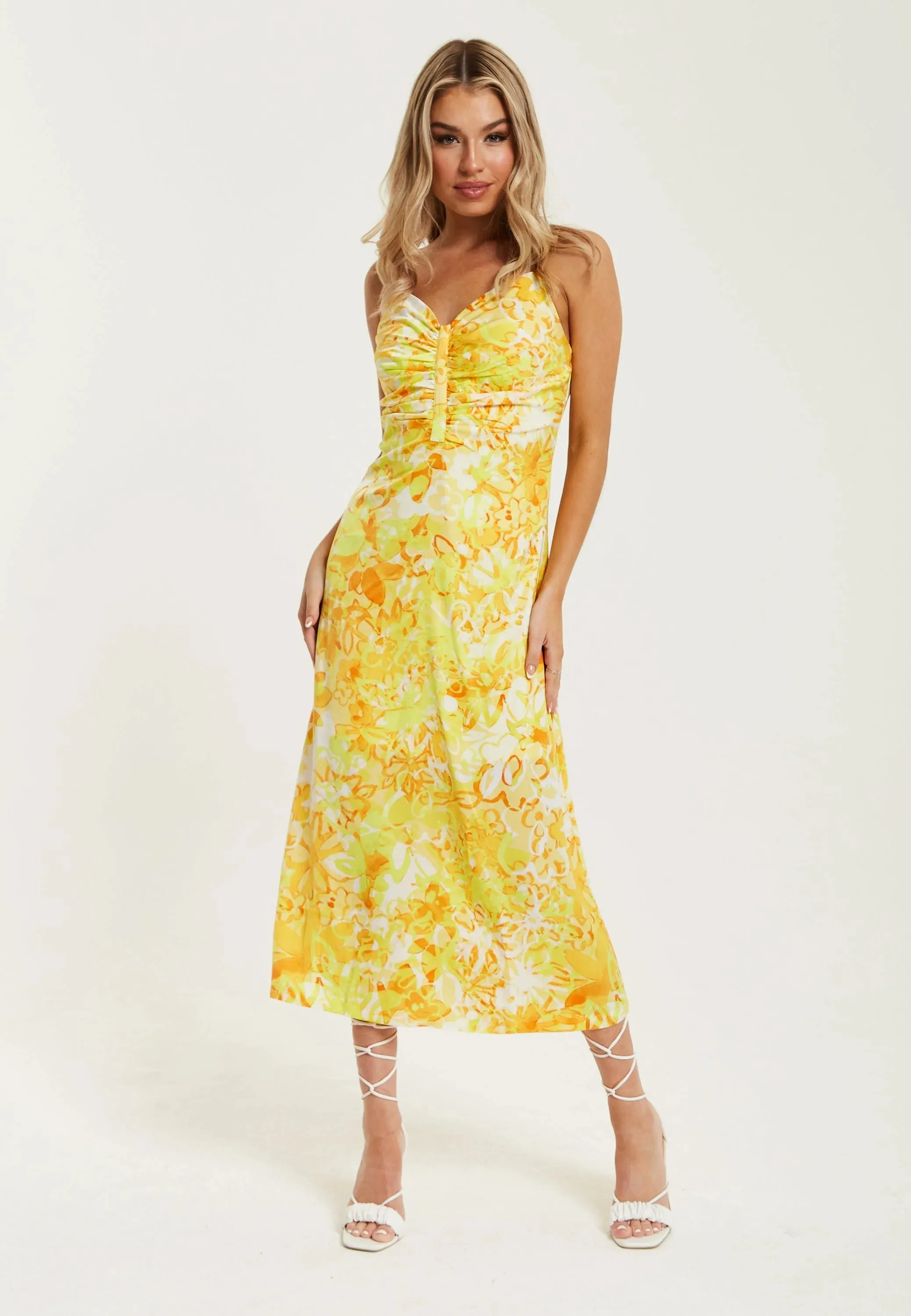 Liquorish Yellow And Orange Floral Print Ruched Maxi Dress