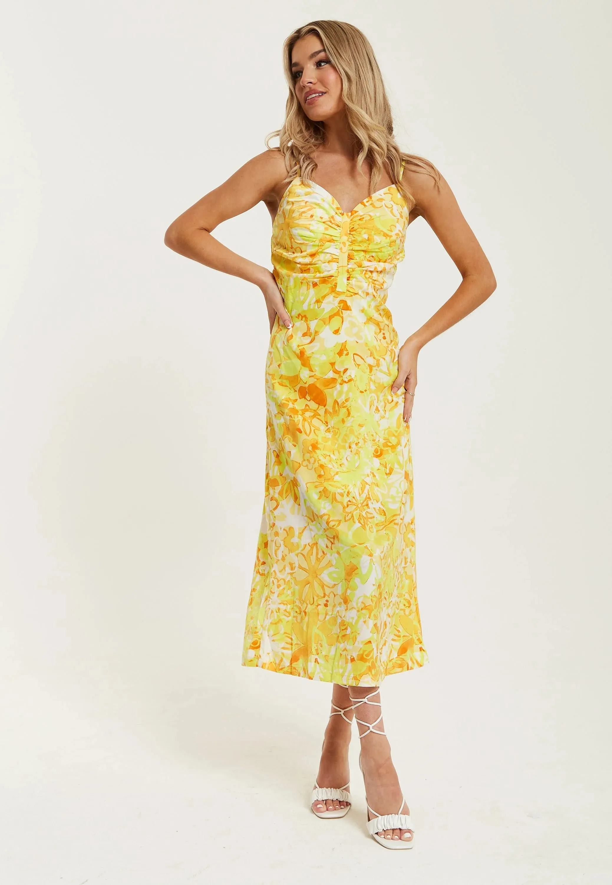 Liquorish Yellow And Orange Floral Print Ruched Maxi Dress