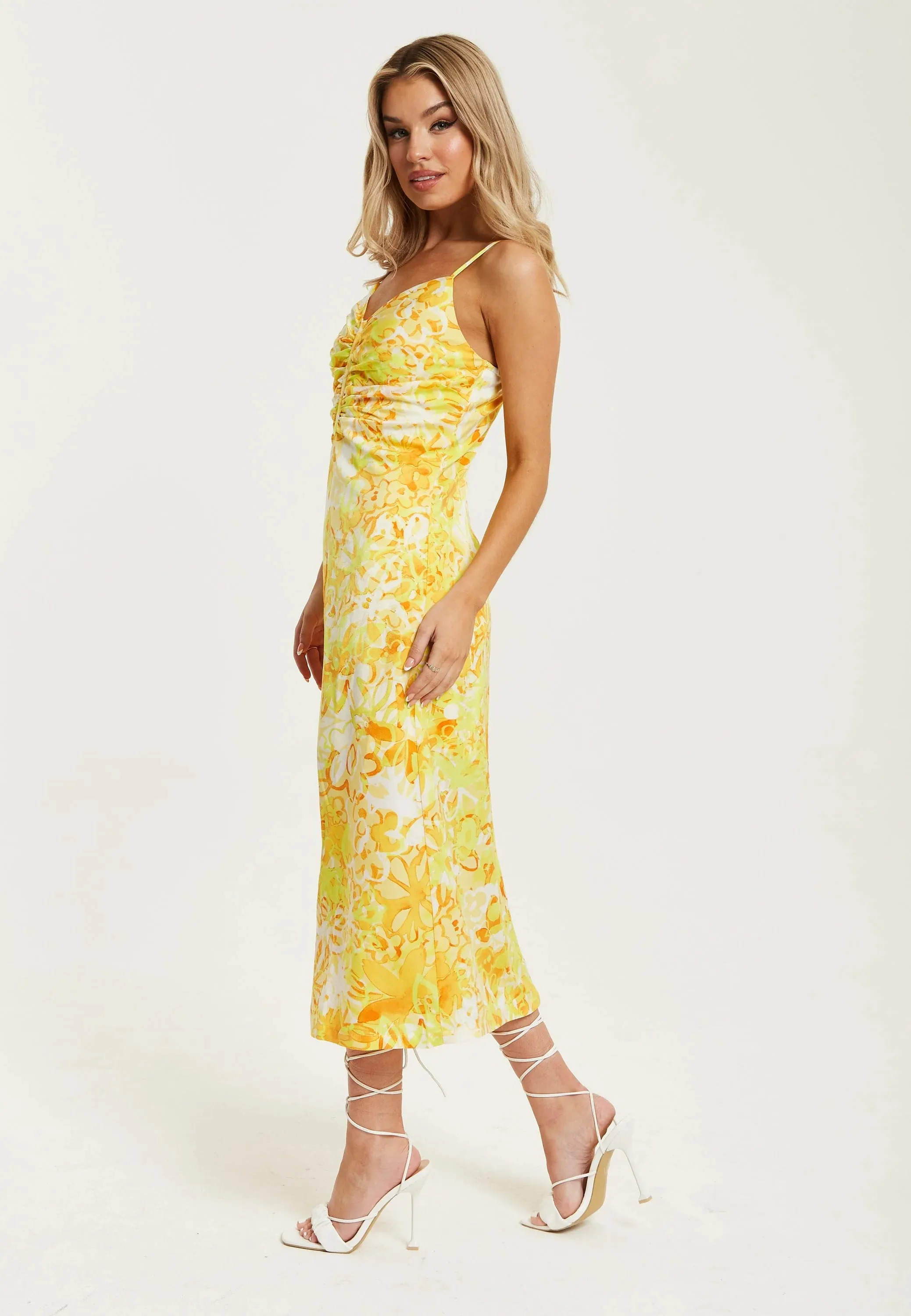 Liquorish Yellow And Orange Floral Print Ruched Maxi Dress