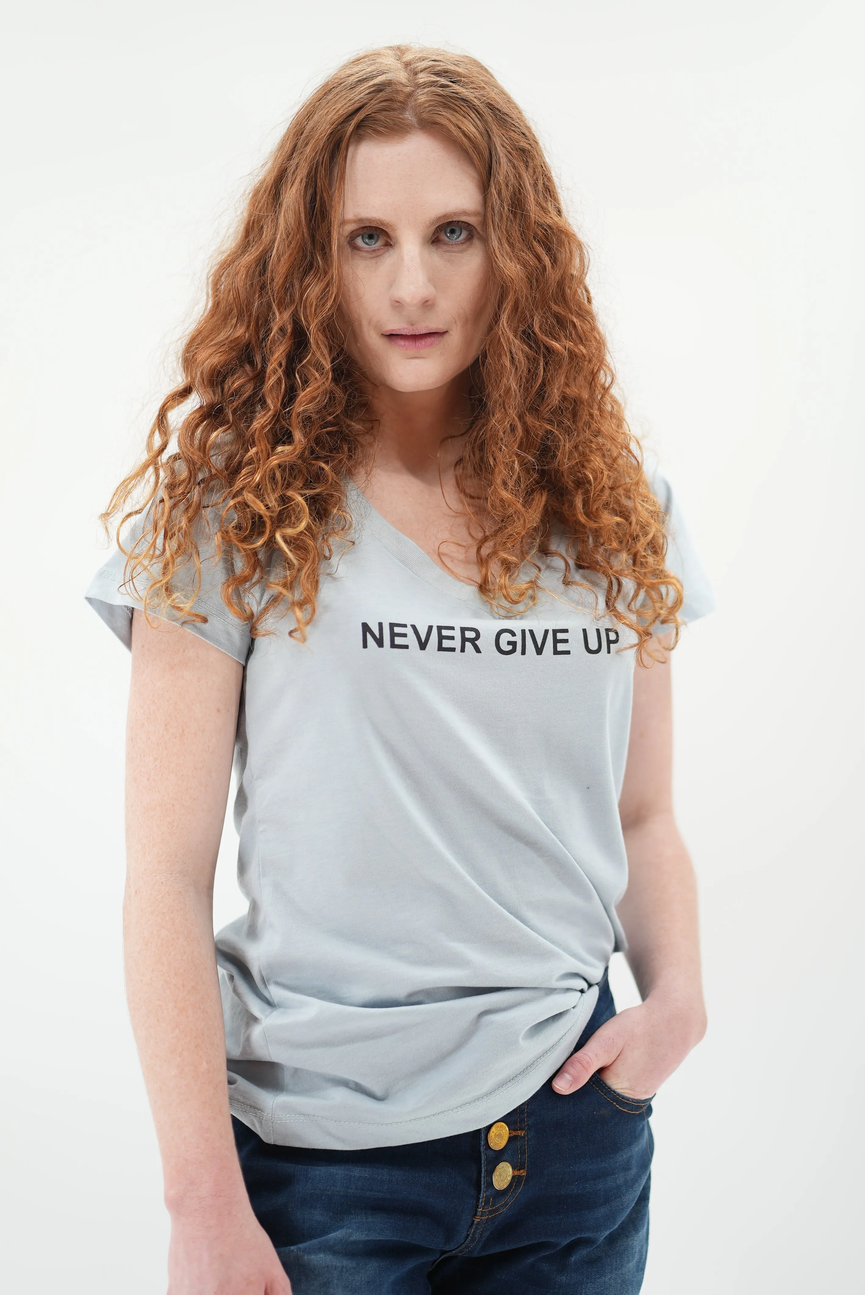 Never Give Up Tee Short Sleeves - V Neck Pleated T-Shirts