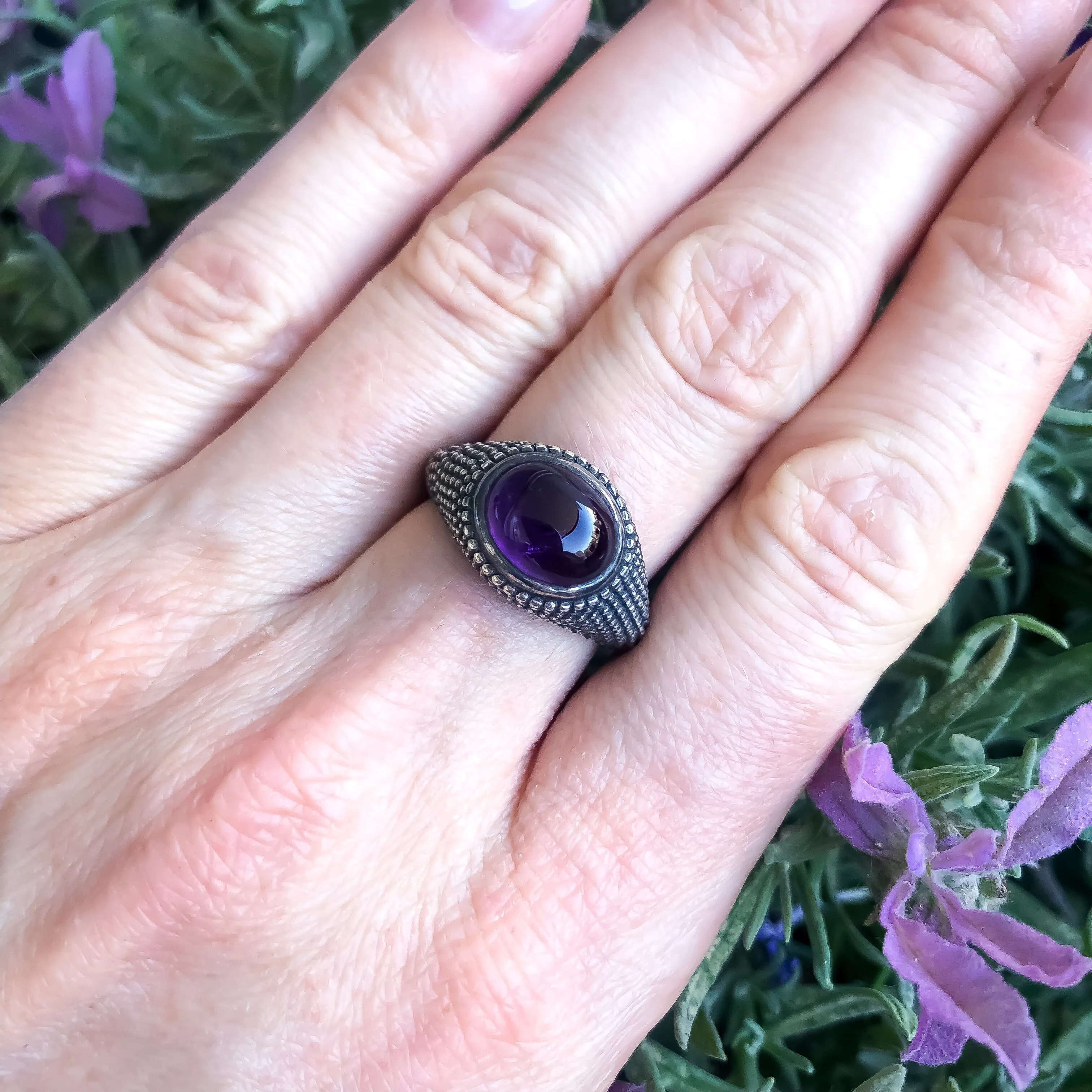 Nubia Oval Amethyst Cabochon Sterling Silver Ring Size 7US