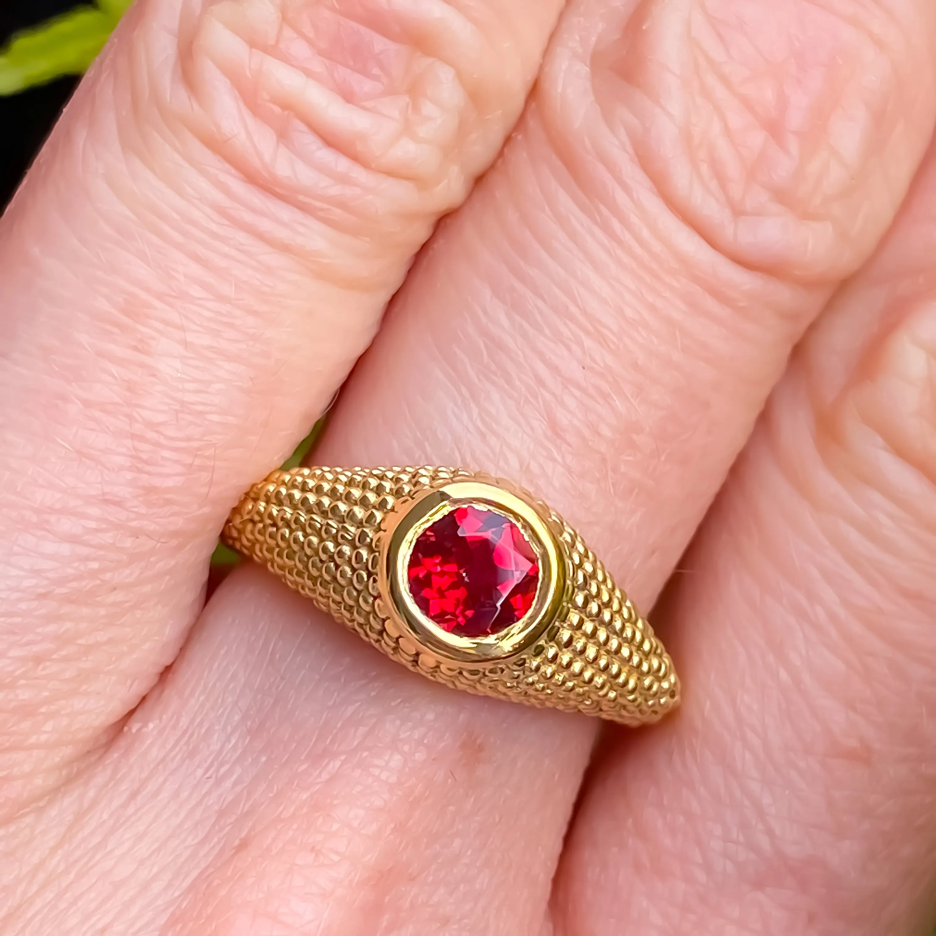 Nubia Round Red Topaz Yellow Gold Ring Size 7.5US