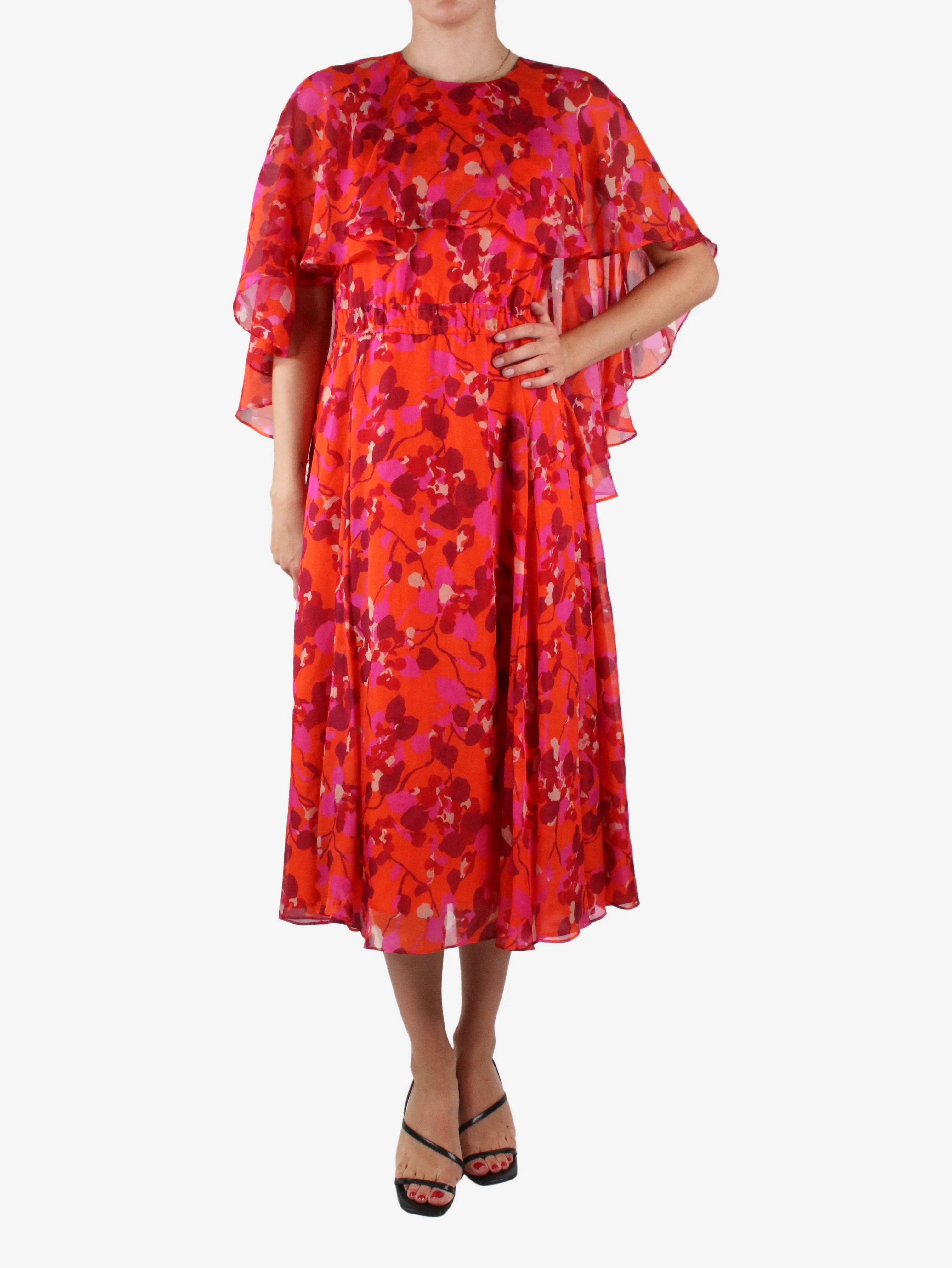 Orange silk floral printed midi dress - size UK 14