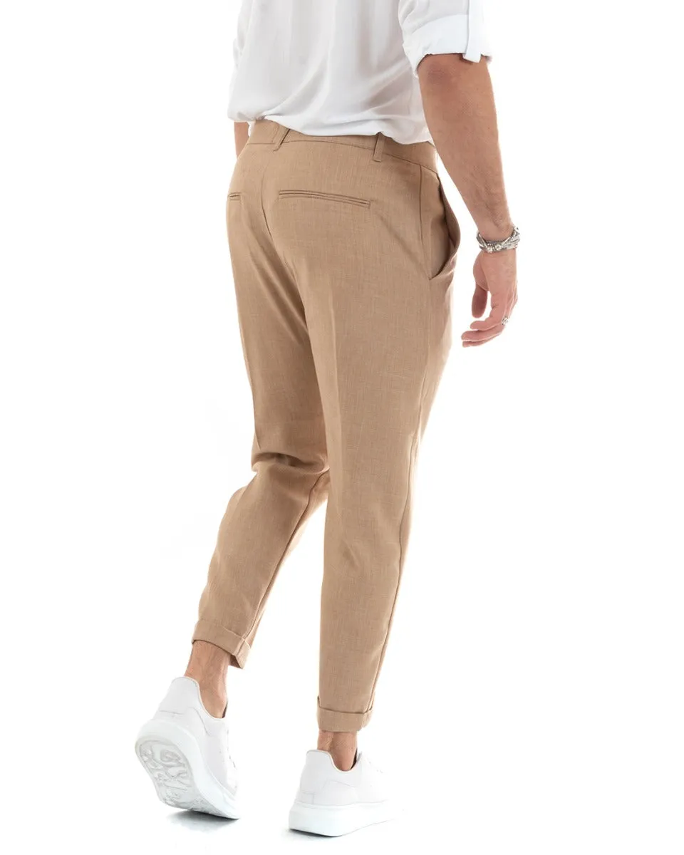 Pantaloni Uomo Viscosa Loose Fit Tasca America Abbottonatura Allungata Camel GIOSAL-P5763A