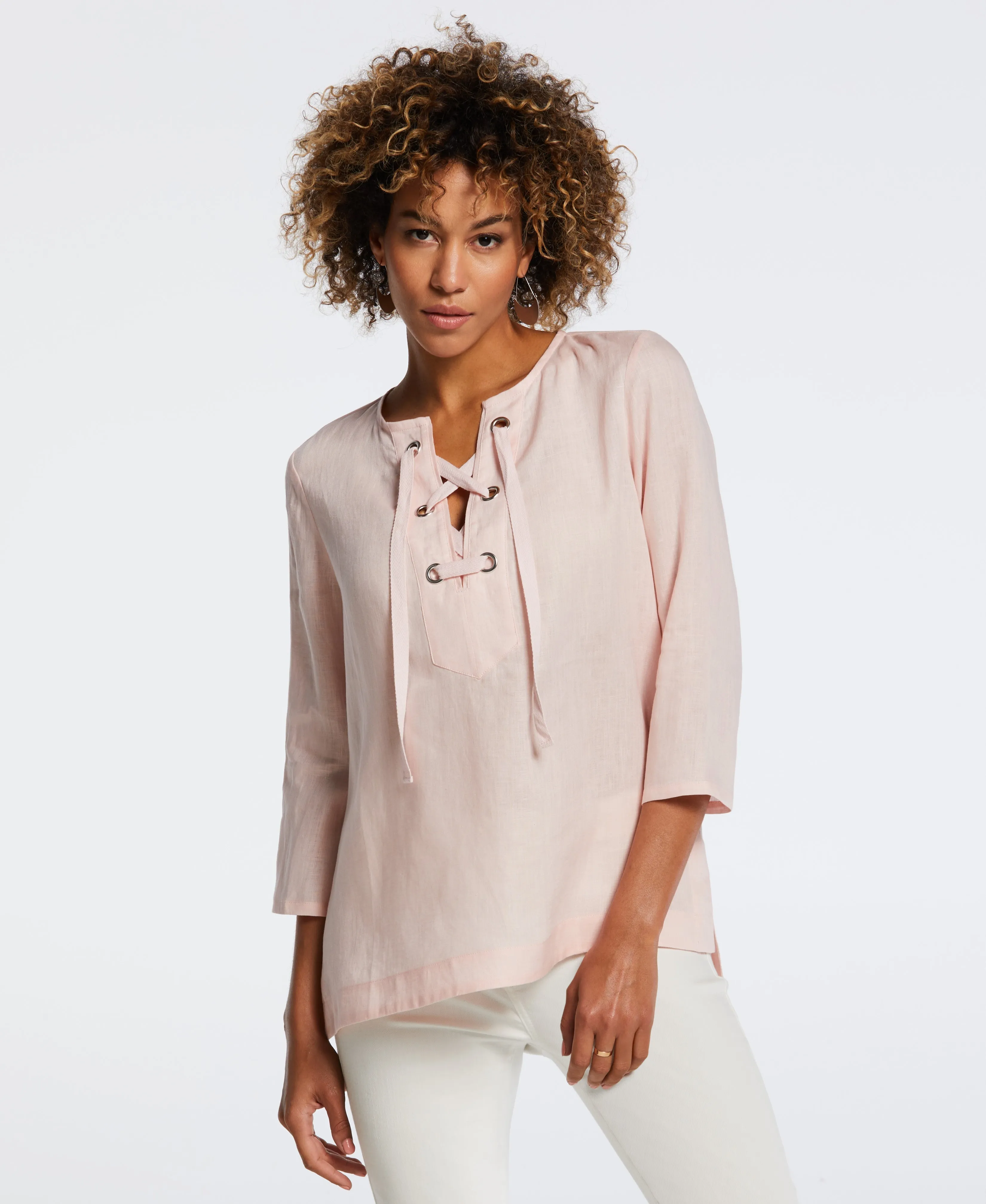 Petite 100% Linen Front Lace Up Top