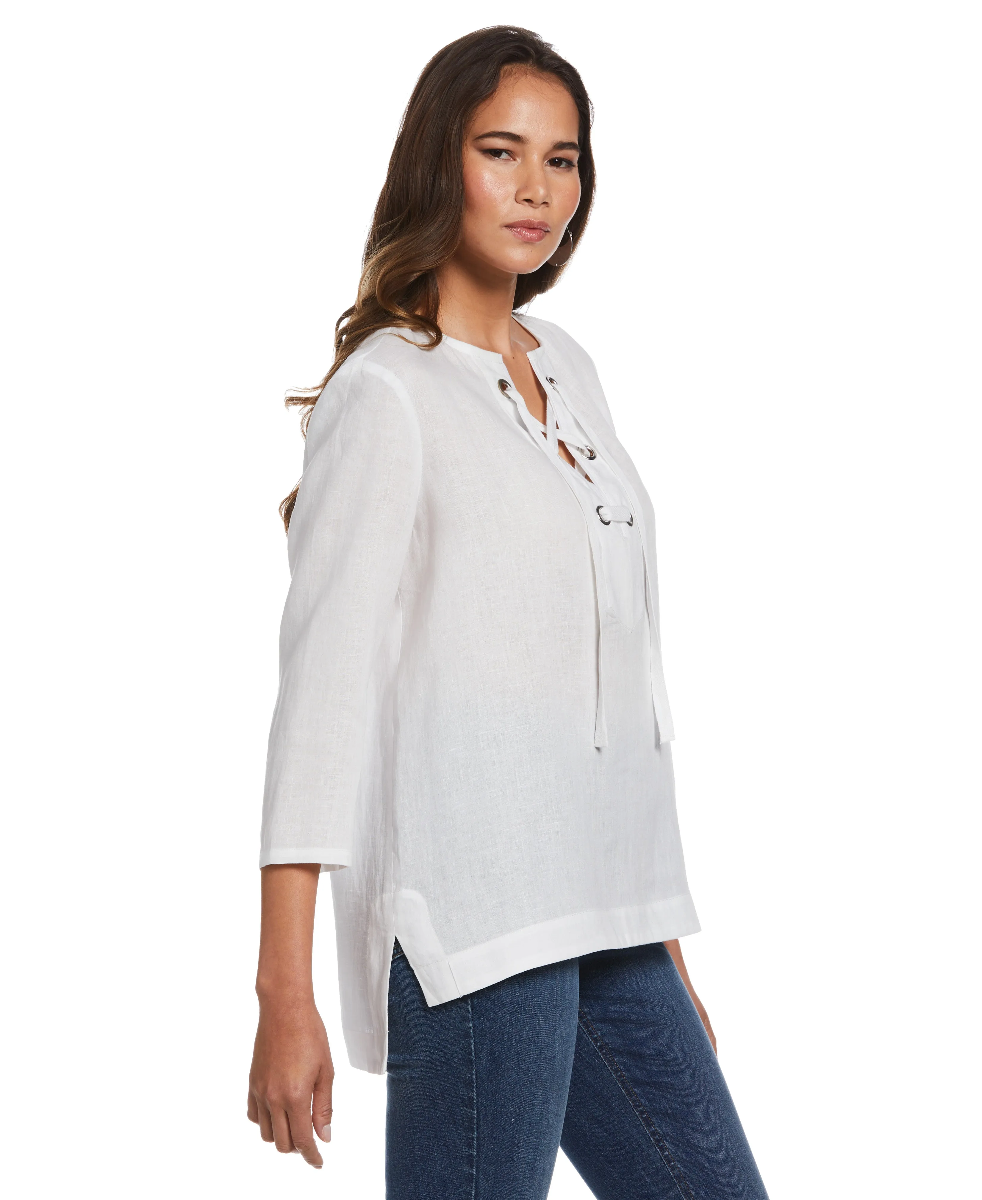 Petite 100% Linen Front Lace Up Top