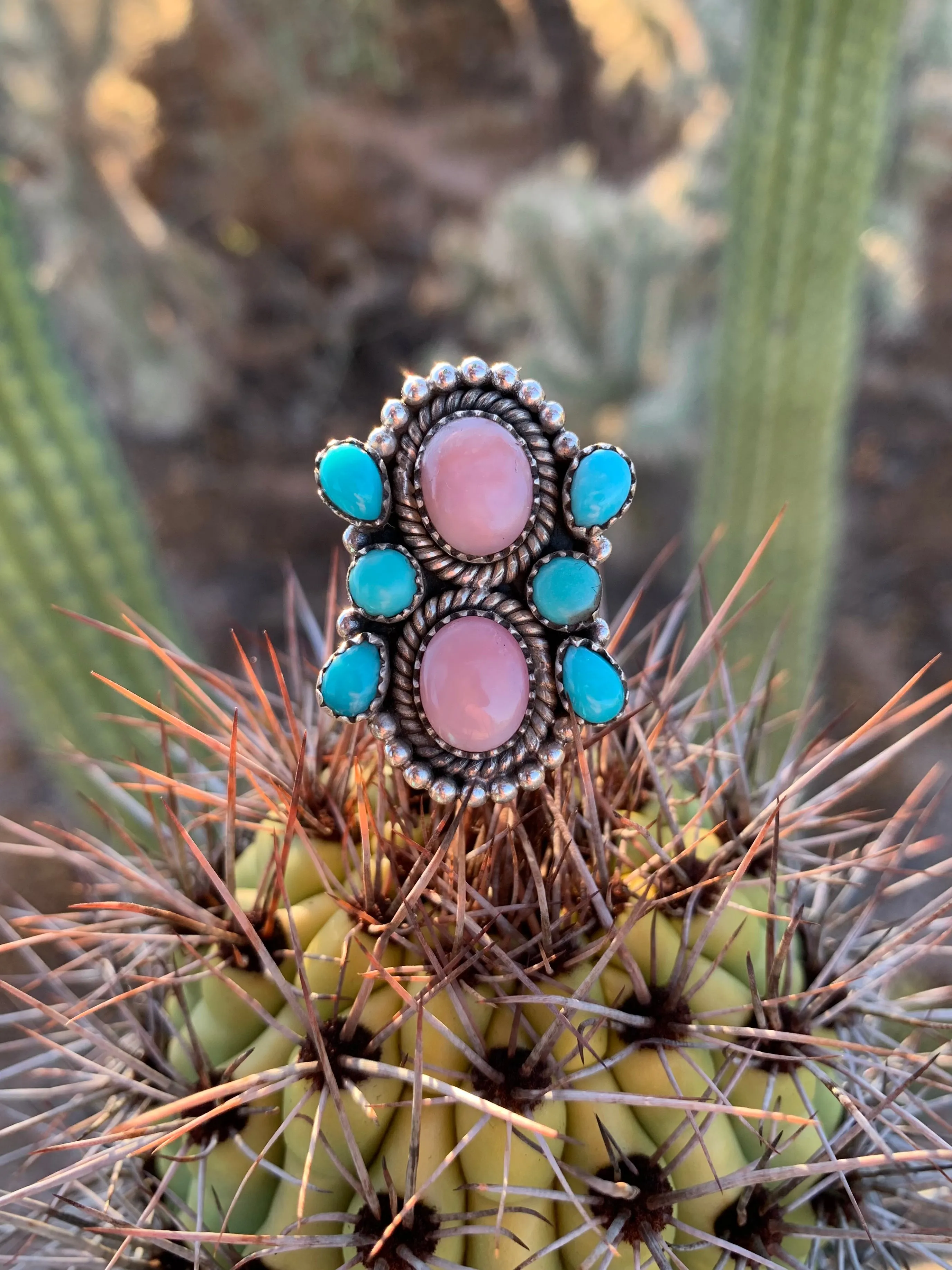 Pink Opal & Turquoise Adjustable ring