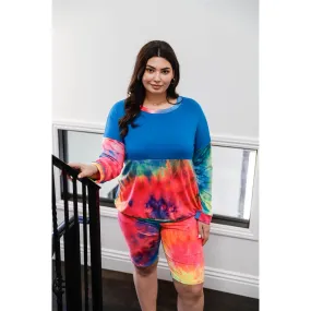 Plus Blue Neon Rainbow Tie-dye Colorblock Long Sleeve Top & Biker Shorts Set