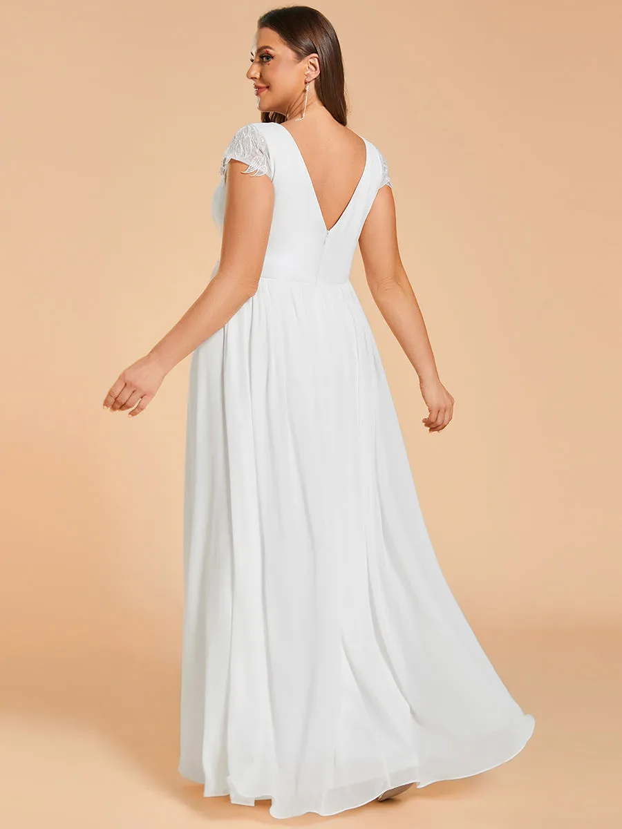 Plus Size Hollow Pleated V-Neck Simple Wedding Dress with Short Sleeves