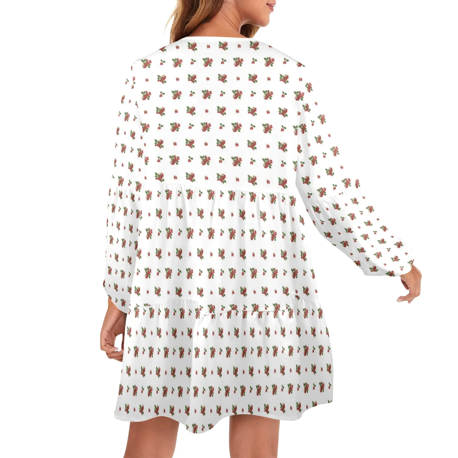 raspberry white spaced out V-Neck Loose Fit Dress (Model D66)