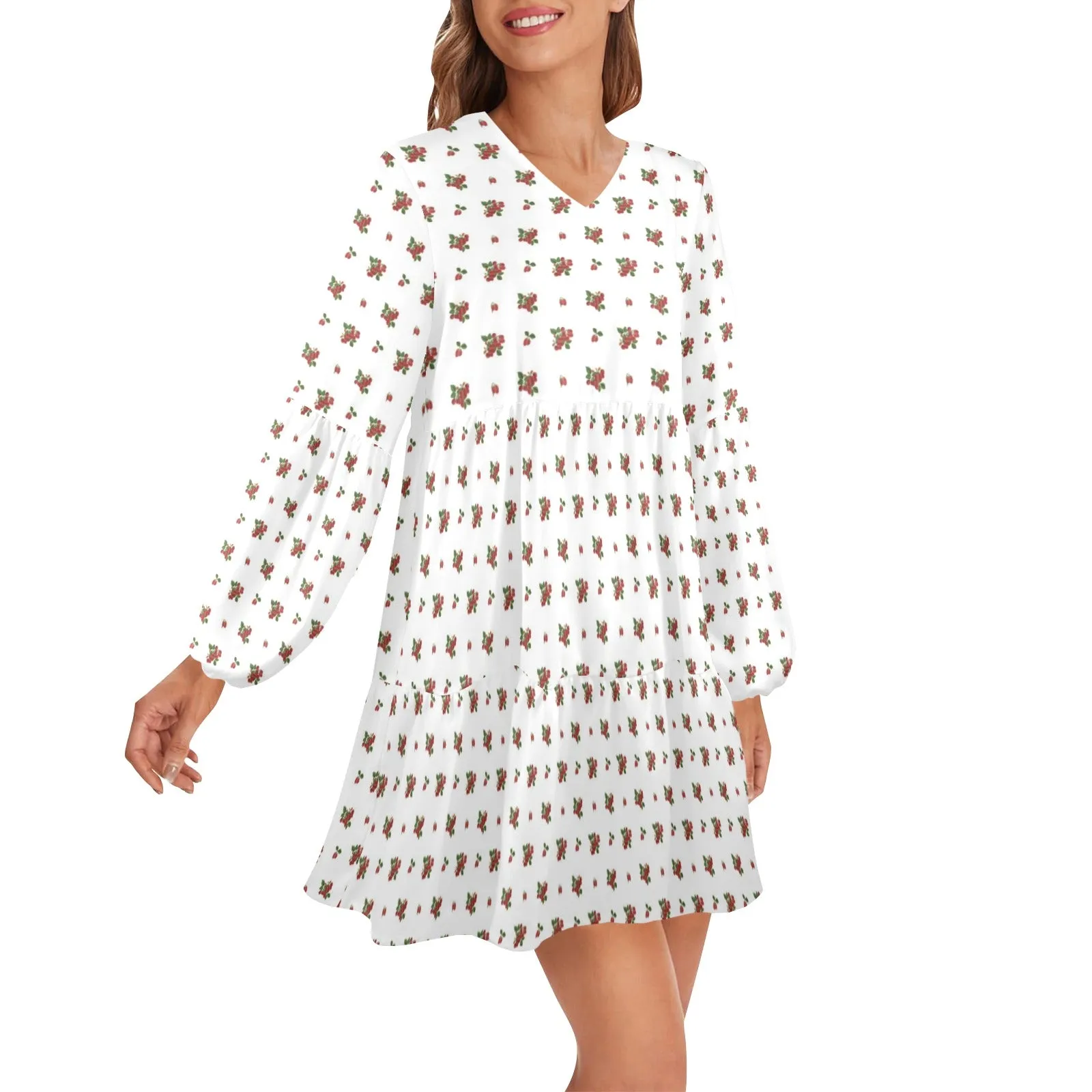 raspberry white spaced out V-Neck Loose Fit Dress (Model D66)