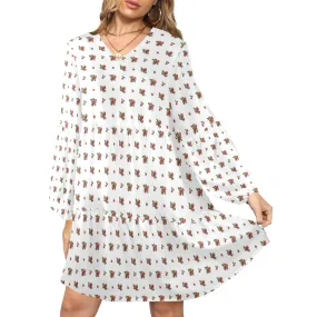 raspberry white spaced out V-Neck Loose Fit Dress (Model D66)