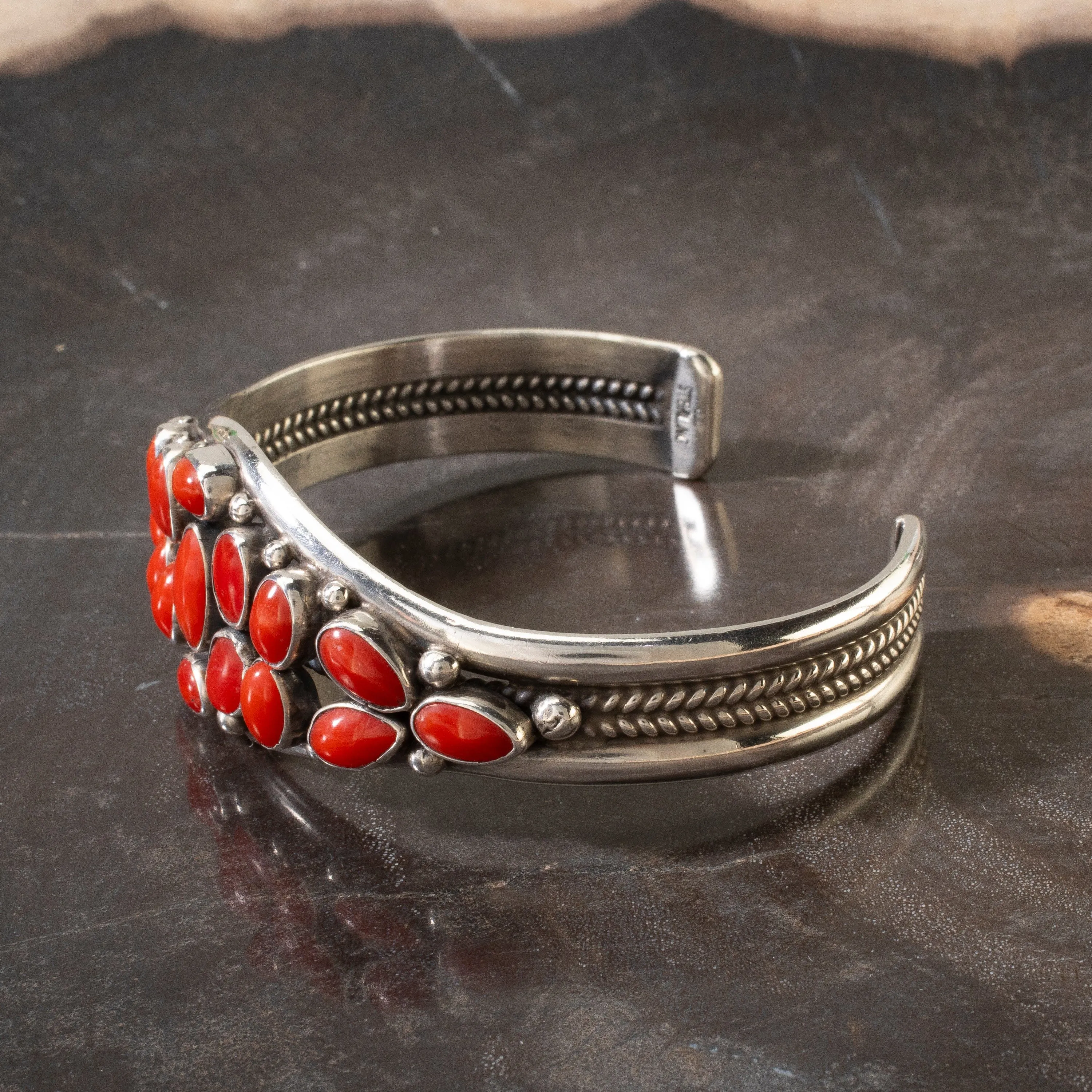 Red Coral Navajo USA Native American Made 925 Sterling Silver Cuff