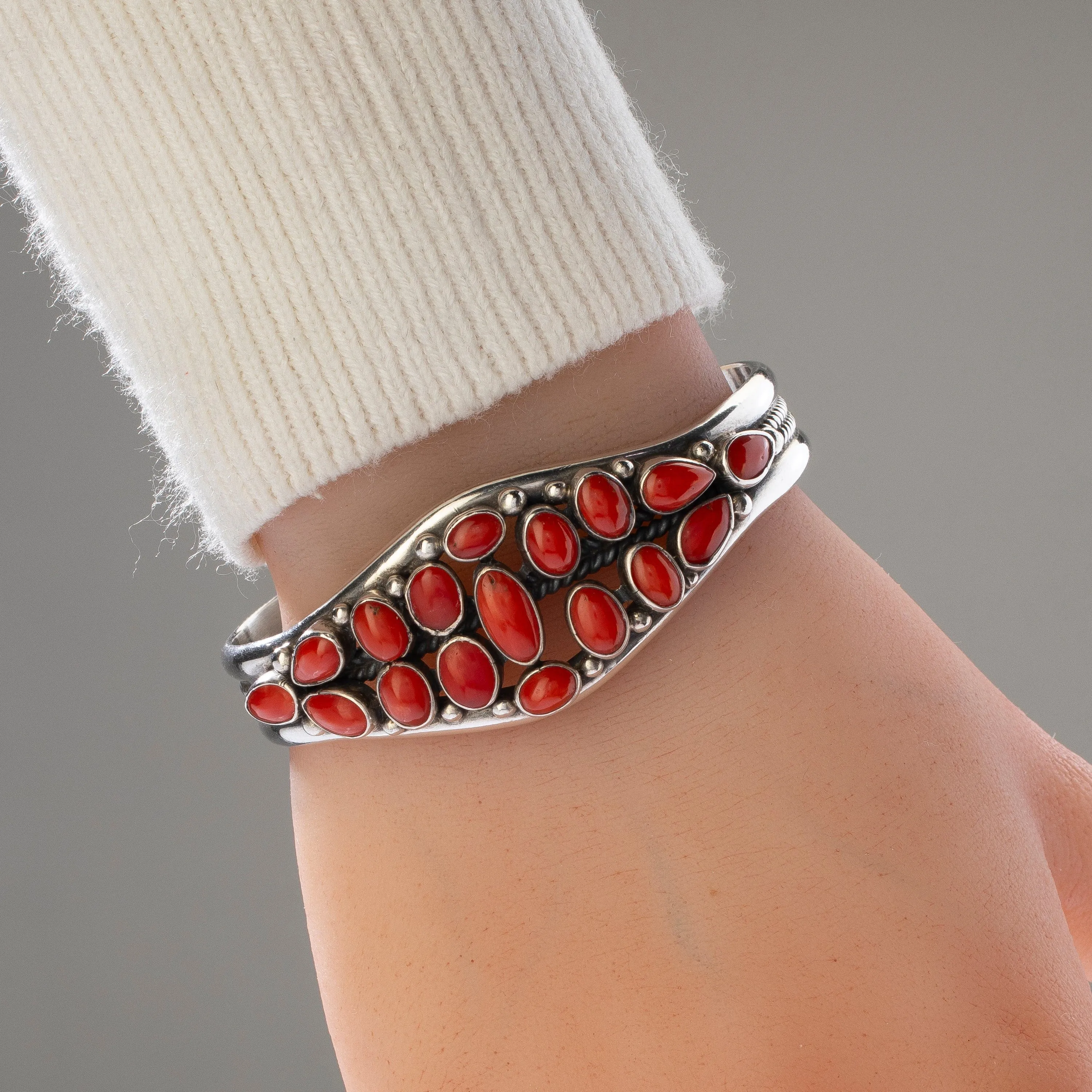 Red Coral Navajo USA Native American Made 925 Sterling Silver Cuff